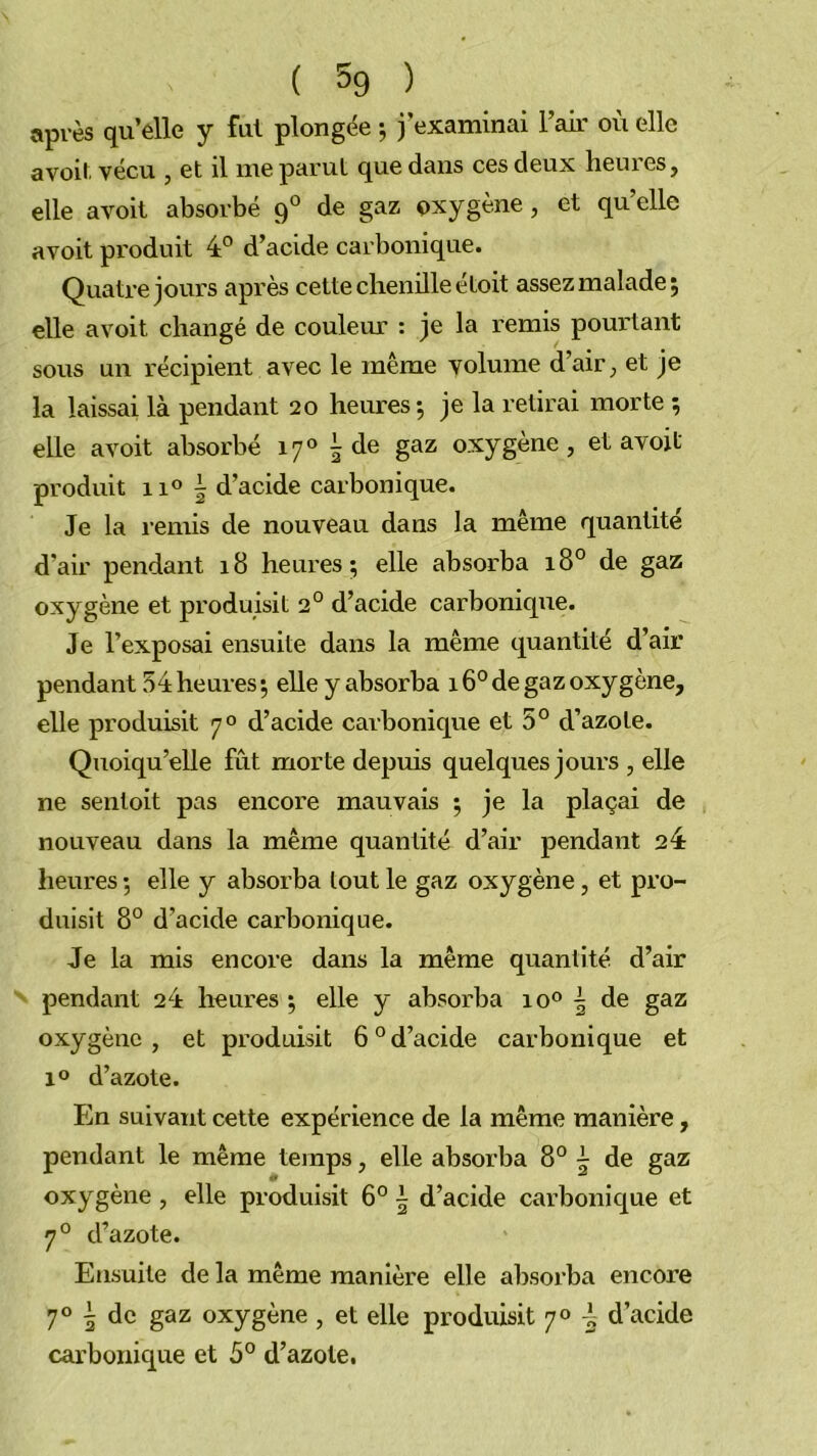 après qu’elle y fut plongée -, j’examinai l’air où elle avoir, vécu , et il me parut que dans ces deux heures, elle avoit absorbé 9° de gaz oxygène, et qu’elle avoit produit 4° d’acide carbonique. Quatx'e joui's après cette chenüleétoit assez malade; elle avoit changé de couleur : je la remis poui'tant sous un récipient avec le même volume d’air, et je la laissai là pendant 20 heures; je la retirai morte ; elle avoit absorbé 17® 5 de gaz oxygène, et avoit produit 11® I d’acide carbonique. Je la i-emis de nouveau dans la même quantité d’air pendant 18 heures; elle absorba 18° de gaz oxygène et produisit 2° d’acide carbonique. Je l’exposai ensuite dans la même quantité d’air pendant 54heures; elle y absorba 16°de gaz oxygène, elle produisit 7° d’acide carbonique et 5° d’azote. Quoiqu’elle fût morte depuis quelques jours , elle ne sentoit pas encore mauvais ; je la plaçai de nouveau dans la même quantité d’air pendant 24 heures ; elle y absorba tout le gaz oxygène, et pro- duisit 8° d’acide carbonique. Je la mis encore dans la même quantité d’air pendant 24 heures ; elle y absorba 10® | de gaz oxygène, et produisit 6“d’acide carbonique et 1° d’azote. En suivant cette expérience de la même manière, pendant le même temps, elle absorba 8° | de gaz oxygène , elle produisit 6° i d’acide carbonique et 7® d’azote. Ensuite de la même manière elle absorba encore 7° 5 de gaz oxygène , et elle produisit 7» ^ d’acide carbonique et 5° d’azote,