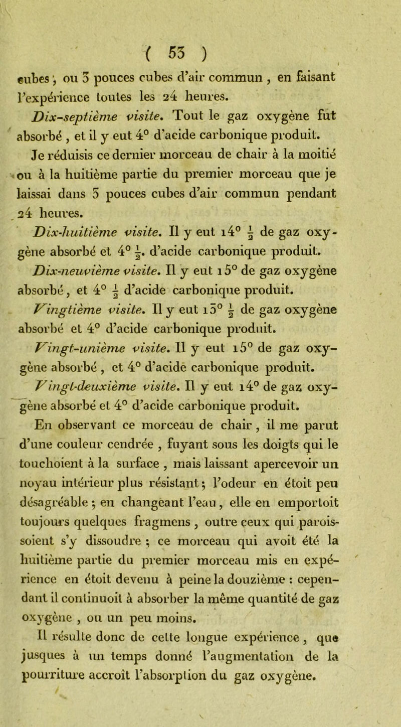 ( 55 ) cubes ou 3 pouces cubes d’air commun , en faisant l’expérience toutes les 24 heures. Dix-septième visite. Tout le gaz oxygène fut absorbé , et il y eut 4° d’acide carbonique produit. Je réduisis ce dernier morceau de chair à la moitié ou à la huitième partie du premier morceau que je laissai dans 5 pouces cubes d’air commun pendant 24 heures. Dix-huitième visite. Il y eut i4° ^ de gaz oxy- gène absorbé et 4° \. d’acide carbonique produit. Dix-neuvième visite. Il y eut 15° de gaz oxygène absorbé, et 4° \ d’acide carbonique produit. Vingtième visite. Il y eut x5° \ de gaz oxygène absorbé et 4° d’acide carbonique produit. Vingt-unième visite. 11 y eut i5° de gaz oxy- gène absorbé , et 4° d’acide carbonique produit. Vingt-deuxième visite. Il y eut i4° de gaz oxy- gène absorbé et 4° d’acide carbonique produit. En observant ce morceau de chair, il me parut d’une couleur cendrée , fuyant sous les doigts qui le touchoient à la surface , mais laissant apercevoir un noyau intérieur plus résistant; l’odeur en étoit peu désagréable ; en changeant l’eau , elle en emporloit toujours quelques fragmcns , outre ceux qui parois- soieut s’y dissoudre ; ce morceau qui avoit été la huitième partie du premier morceau mis en expé- rience en étoit devenu à peine la douzième : cepen- dant il conlinuoil à absorber la même quantité de gaz oxygène , ou un peu moins. Il résulte donc de celle longue expérience , que jusques à un temps donné l’augmentation de la pourriture accroît l’absorplion du gaz oxygène.