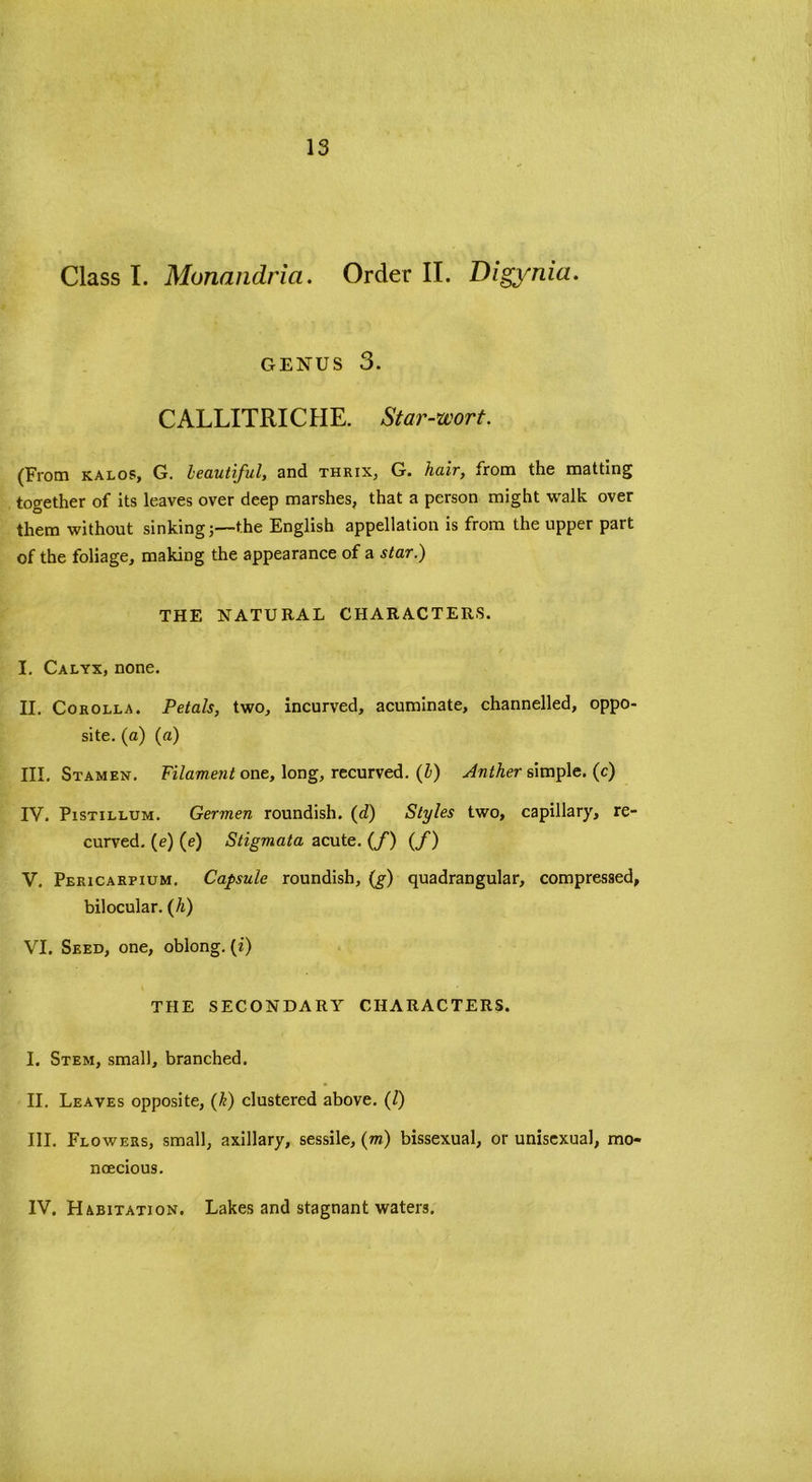 Class I. Monandrici. Order II. Digynia. GENU S 3. CALLITRICHE. Star-zvort. (From kalos, G. beautiful, and thrix, G. hair, from the matting together of its leaves over deep marshes, that a person might walk over them without sinkingthe English appellation is from the upper part of the foliage, making the appearance of a star.) THE NATURAL CHARACTERS. I. Calyx, none. II. Corolla. Petals, two, incurved, acuminate, channelled, oppo- site. (a) (a) III. Stamen. Filament one, long, recurved. (1) Anther simple, (c) IV. Pistillum. Germen roundish, (d) Styles two, capillary, re- curved. (e) (e) Stigmata acute. (/) (/) V. Pericarpium. Capsule roundish, (g) quadrangular, compressed, bilocular, (/t) VI. Seed, one, oblong. (?) THE SECONDARY CHARACTERS. I. Stem, small, branched. II. Leaves opposite, (k) clustered above. (1) III. Flowers, small, axillary, sessile, (m) bissexual, or unisexual, mo- noecious.