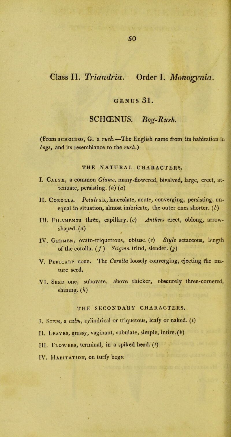 Class II. Triandria. Order I. Monogynia. genus 31. SCHCENUS. Bog-Rush. (From schoinos, G. a rush.—The English name from its habitation in logs, and its resemblance to the rush.) THE NATURAL CHARACTERS. I. Calyx, a common Glume, many-flowered, bivalved, large, erect, at- tenuate, persisting, (a) (a) II. Corolla. Petals six, lanceolate, acute, converging, persisting, un- equal in situation, almost imbricate, the outer ones shorter. (1) III. Filaments thrfte, capillary, (c) Anthers erect, oblong, arrow- shaped. (d) IV. Gekmen, ovato-triquetrous, obtuse, (e) Style setaceous, length of the corolla. (/) Stig7na tritid, slender. (g) V. Pericarp none. The Corolla loosely converging, ejecting the ma- ture seed. VI. Seed one, subovate, above thicker, obscurely three-cornered, shining. (A) THE SECONDARY CHARACTERS. I. Stem, a culm, cylindrical or triquetous, leafy or naked, (t) II. I .eaves, grassy, vaginant, subulate, simple, intire. (A) III. Flowers, terminal, in a spiked head. (/) IV. Habitation, on turfy bogs.