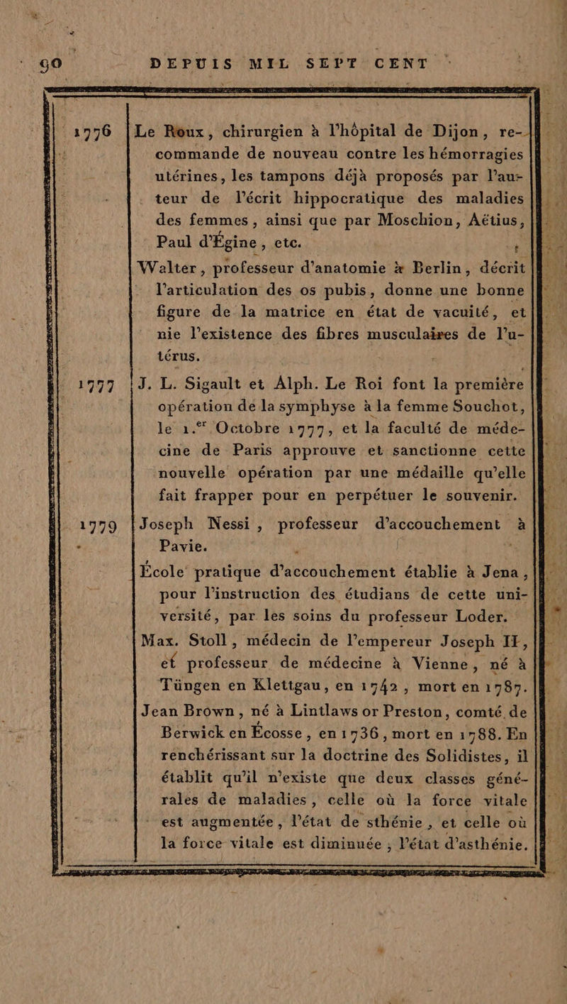 : 1976 |Le Roux, chirurgien à l'hôpital de Dijon, re-| commande de nouveau contre les hémorragies Walter, professeur d'anatomie x Berlin, décrit l'articulation des os pubis, donne une bonne figure de la matrice en état de vacuité, et nie l'existence des fibres musculaires de lu- térus. J. L. Sigault et Alph. Le Roi font la première opération dela symphyse à la femme Souchot, le 1. Octobre 1977, et la faculté de méde- cine de Paris approuve et sanctionne cette nouvelle opération par une médaille qu’elle fait frapper pour en perpétuer le souvenir. Joseph Nessi, professeur d'accouchement à Pavie. École: pratique d'accouchement établie à Jena, pour l'instruction des étudians de cette uni- versité, par les soins du professeur Loder. Max. Stoll, médecin de l’empereur Joseph IF, et professeur de médecine à Vienne, né à Tüngen en Kletigau, en 1542, mort en 1787. Jean Brown, né à Lintlaws or Preston, comté de Berwick en Écosse, en1 736 , mort en 1788. En renchérissant sur la doctrine des Solidistes, il établit qu'il n'existe que deux classes géné- rales de maladies, celle où la force vitale est augmentée, l’état de sthénie, et celle où la force vitale est diminuée ;, l’état d'asthénie,