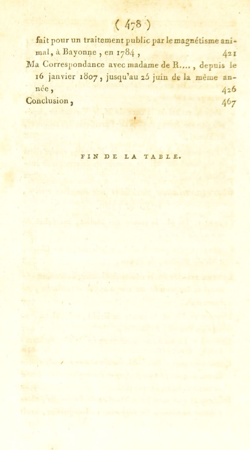 ( 47» ) fait pour un traitement public par le magnétisme ani- mal, à Bayonne , en 1784 , 421 Ma Correspondance avec madame de R.... , depuis le 16 janvier 1807, jusqu’au 25 juin de la même an- née, 426 Conclusion, 467 riNDE LA TABLE.