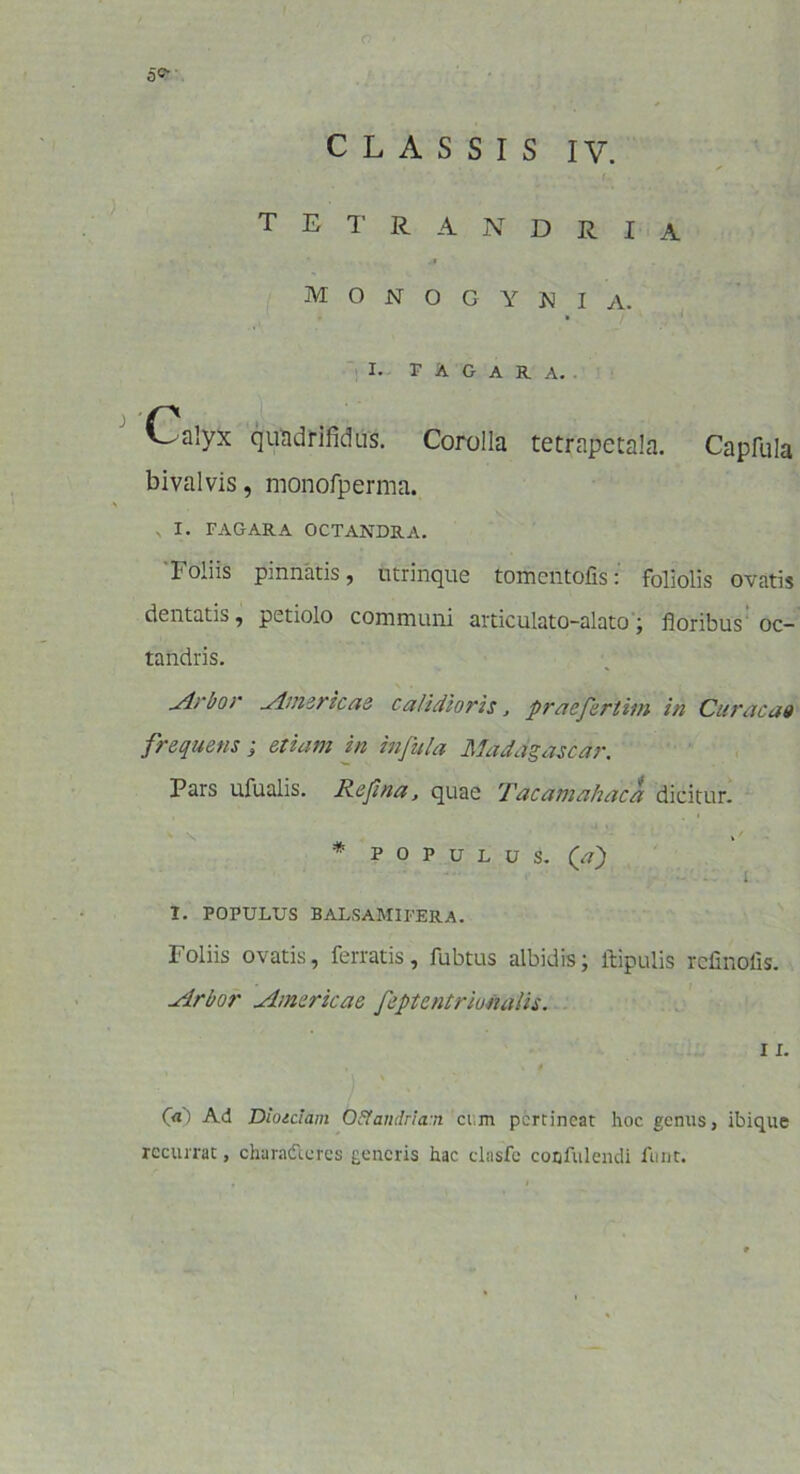 CLASSIS IV. 5=- TETR ANDRI A monogynia. I. F A G A R A. Oalyx quadrifidus. Corolla tetrapetala. Capfula bivalvis, monofperma. I. FAGARA OCTANDRA. Foliis pinnatis, utrinque tomentofis: foliolis ovatis dentatis, petiolo communi articulato-alato; floribus oc- tandris. Arbor Americae calidioris, praefertim in Cur ac a 9 frequens ; etiam in infula Maddgascdr. Pars ufualis. Refina, quae Tacamahaca dicitur. * * populus. ('a) - 1 I. populus balsamifera. Foliis ovatis, ferratis, fubtus albidis; itipulis refinofis. .Arbor Americae feptentrionalis. 1i. 00 Ad Dioidam Odandrian cum pertineat hoc genas, ibique recurrat, charatteres generis hac clasfe confidendi funt.