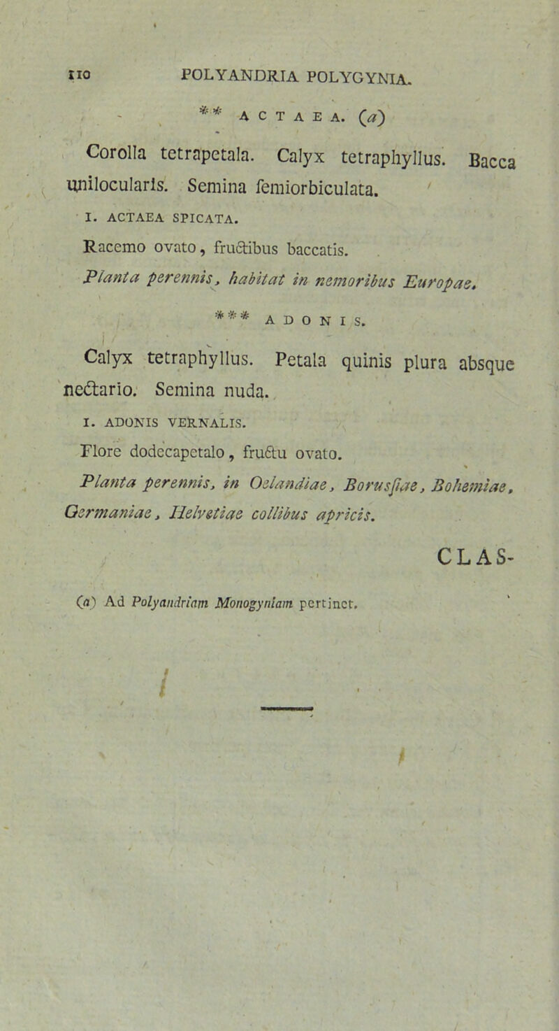 *'* actaea, (a) Corolla tetrapetala. Calyx tetraphyllus. Bacca unilocularis. Semina femiorbiculata. I. ACTAEA SPICATA. Racemo ovato, frudibus baccatis. Planta perennis, habitat in nemoribus Europae, *.** ADONIS. i ' Calyx tetraphyllus. Petala quinis plura absque ne&ario. Semina nuda. I. ADONIS VERNALIS. Flore dodecapctalo, frudtu ovato. Planta perennis, in Oelandiae, Borusfiae, Bohemiae, Germaniae, Helvetiae collibus apricis. CLAS- 0.) Ad Polyandriam Monogyniam pertinet. / f