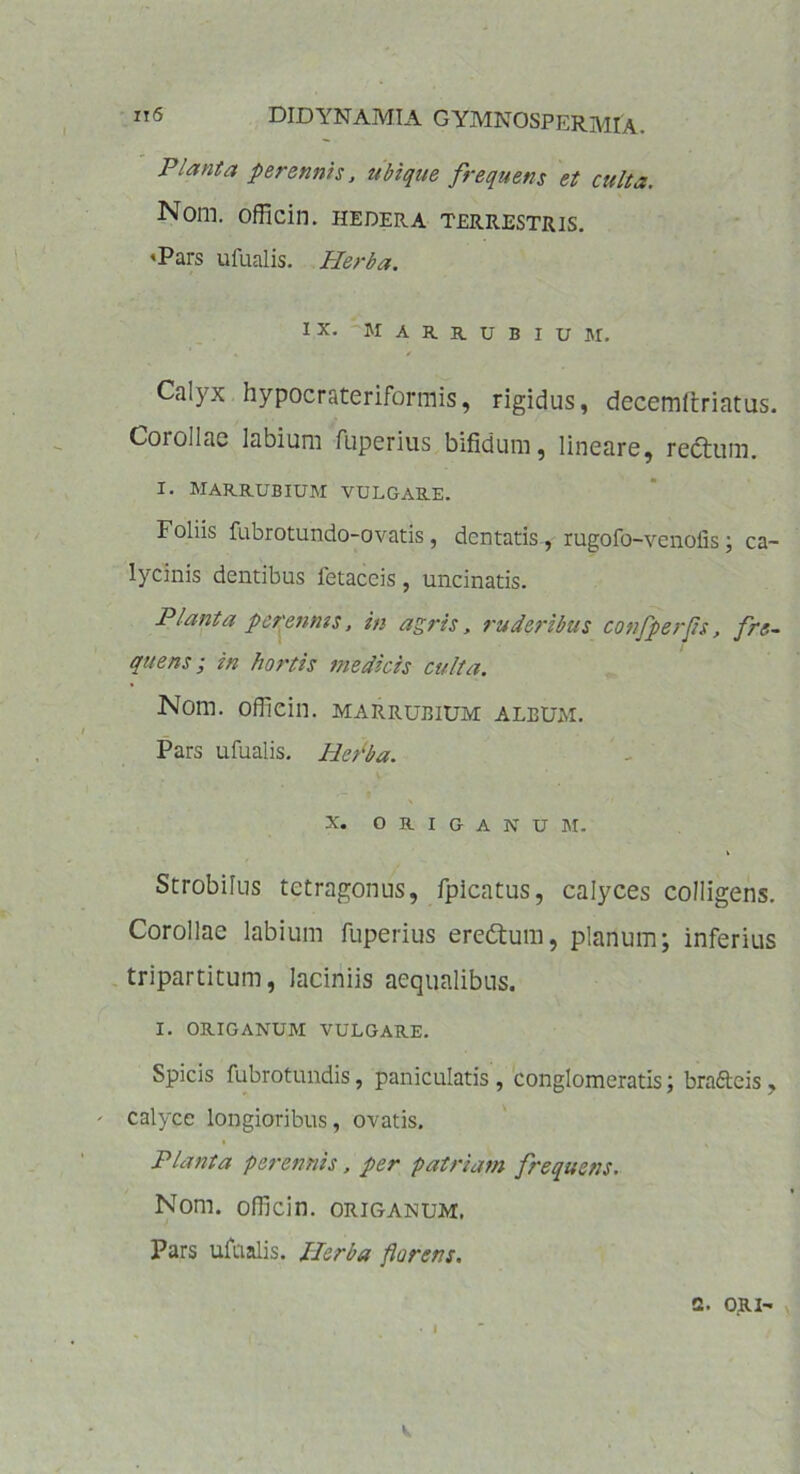 Planta perennis, ubique frequens et culta. Nom. officin. hedera terrestris. «Pars ufualis. Plerba. IX. MARRUBIUM. Calyx hypocrateriformis, rigidus, decemltriatus. Corollae labium fuperius bifidum, lineare, redtum. i. marrubium vulgare. Foliis fubrotundo-ovatis, dentatis, rugofo-venoiis; ca- lycinis dentibus fetaceis, uncinatis. Planta pcrenms, in agris, ruderibus confperfis, fre- quens; in hortis medicis culta. Nom. offiein. marrubium album. Pars ufualis. Herba. X. ORIGANUM. Strobilus tetragonus, fpicatus, calyces colligens. Corollae labium fuperius eredtum, planum; inferius tripartitum, laciniis aequalibus. I. ORIGANUM VULGARE. Spicis fubrotundis, paniculatis , conglomeratis; bra&eis , calyce longioribus, ovatis. Planta perennis, per patriam frequens. Nom. officin. origanum. Pars ufualis. Herba florens. 2. ORI- V.