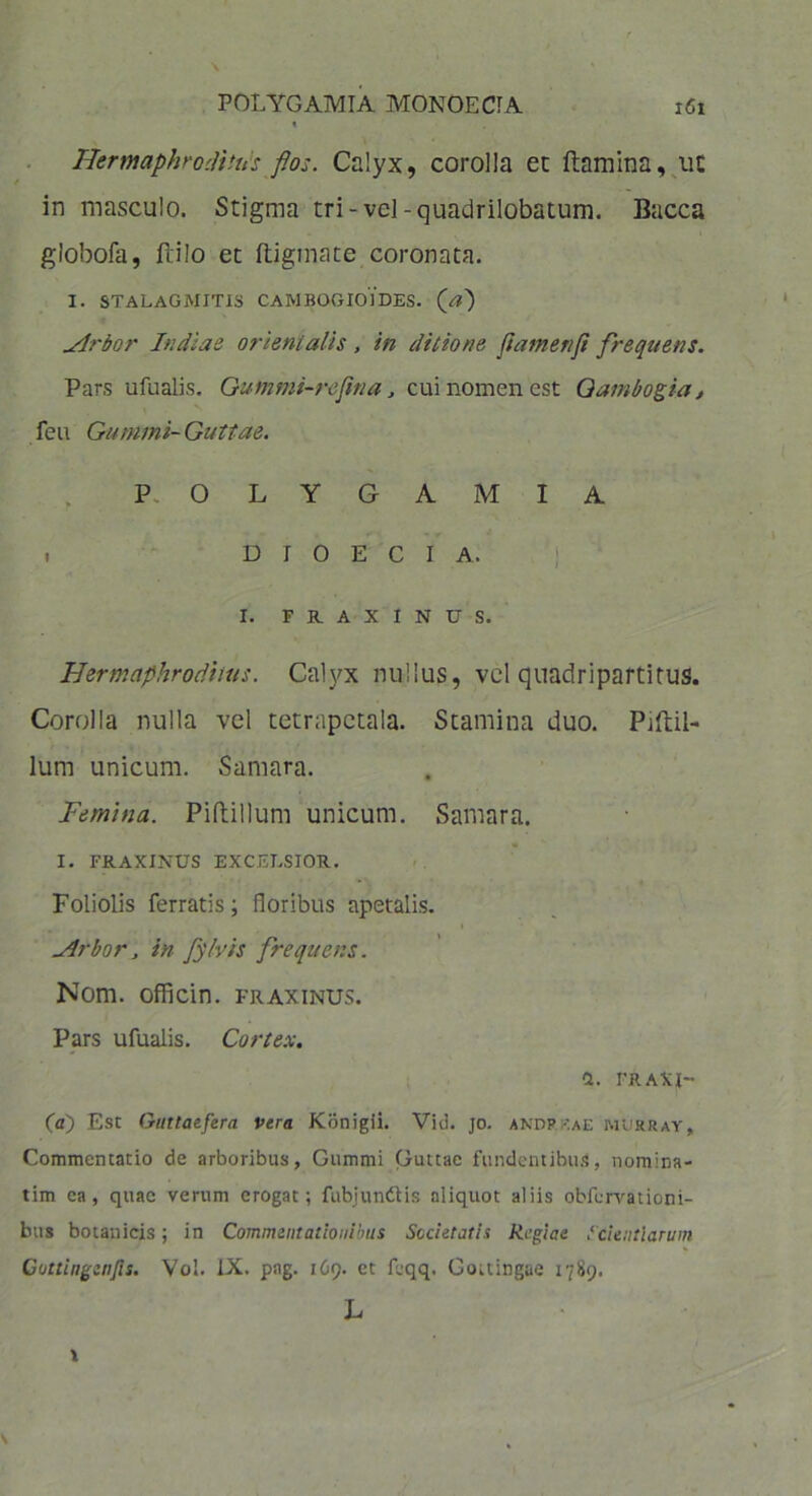 Hermaphroditus f.os. Calyx, corolla et flamina, ut in masculo. Stigma tri- vel -quadrilobatum. Bacca globofa, ftilo et digmate coronata. I. STALAGMJTIS CAMBOGIoYdES. ylrbor Indiae orientalis , in ditione [tamenft frequens. Pars ufualis. Gummi-rcfma, cui nomen est Gambogia, feu Gummi- Guttae. P. OLYGAMIA i D I 0 E C I A. I. FRAXINUS. Hermaphroditus. Calyx nullus, vel quadripartitus. Corolla nulla vel tetrapctala. Stamina duo. Piflil- lum unicum. Samara. Femina. Piftillum unicum. Samara. I. FRAXINUS EXCELSIOR. Foliolis ferratis; floribus apetalis. ylrbor, in fylvis frequens. Nom. officin. fraxinus. Pars ufualis. Cortex. i. FRAXJ- (a) Est Guttaefera vera Kbnigii. Vid. jo. anpp.aae murrav. Commentatio de arboribus, Gummi Guttae fundentibus, nomina- tim ea, quae verum erogat; fubjundtis aliquot aliis obfervationi- bus botanicis; in Commentationibus Societatis Regiae Scientiarum Gottingenjls. Vol. IX. png. 169. et fcqq. Gottingae 1789. L