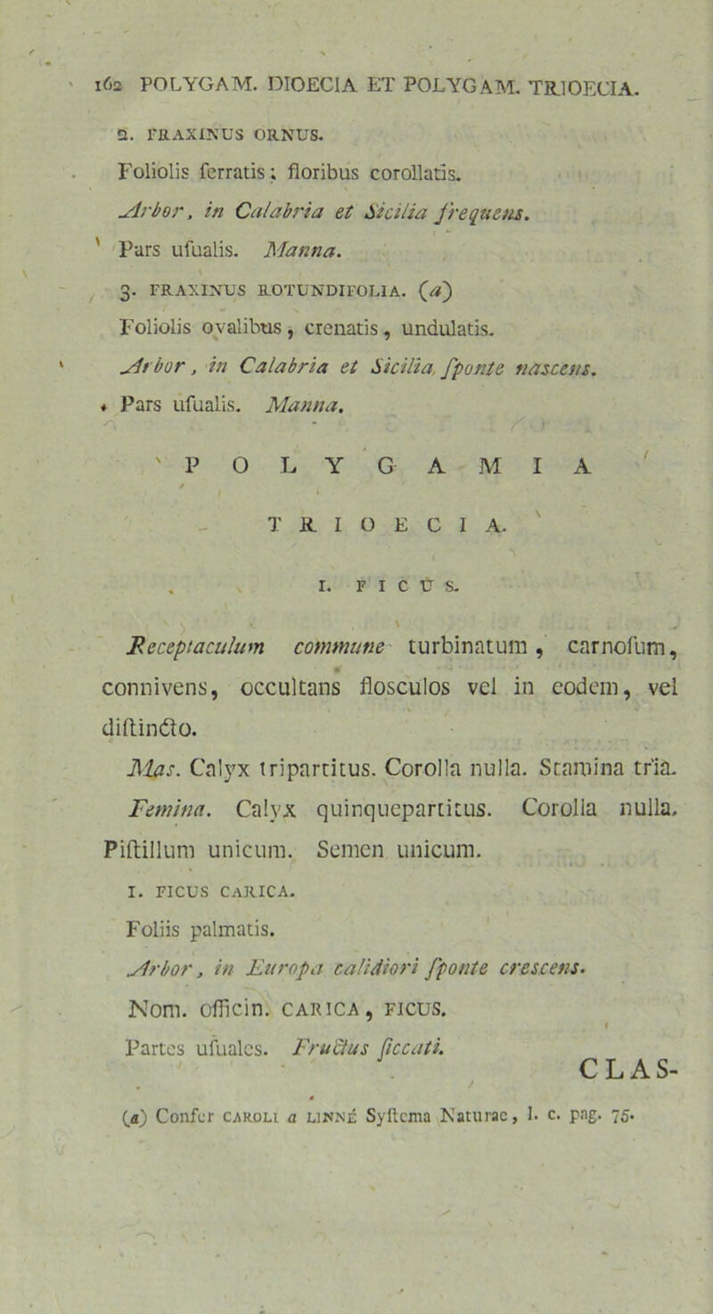 i(>2 POLYGAM. DIOECIA ET POLYGAM. TRJOECIA. 2. FRAXINUS ORNUS. Foliolis ferratis ; floribus corollatis. Arbor, in Calabria et Sicilia frequens. ' Pars ufualis. Manna. 3. FRAXINUS ROTUNDI FOLIA. (V) Foliolis ovalibus, crenatis, undulatis. Arbor, in Calabria et Sicilia [ponte nascens. * Pars ufualis. Manna. - ' P O L Y G A M I A / T K I O E C I A. I. FICUS. Receptaculum commune turbinatum , carnofum, connivens, occultans flosculos vel in eodem, vel diltindto. Mas. Calyx tripartitus. Corolla nulla. Stamina tria. Femina. Calyx quinquepartitus. Corolla nulla, Piftillum unicum. Semen unicum. 1. ficus carica. Foliis palmatis. Arbor, in Europa calidiori [ponte crescens. Nom. oflicin. carica, ficus. r Partes ufuales. Fructus Ciccati. CLAS- . / (a) Confer c.aroli a linne Syftcma Katurac, 1. c. png. 75.