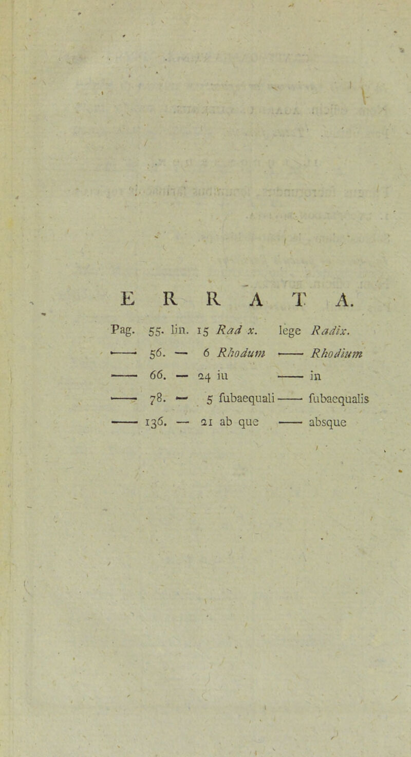 ERRA A. 'Pag. 55. lin. 15 Rad x. lege Radix. * 56. — 6 Rhodum Rhodiam 66. — (24 iu in * 78. — 5 fubaequali fubaequalis 136. — 121 ab que absque 4