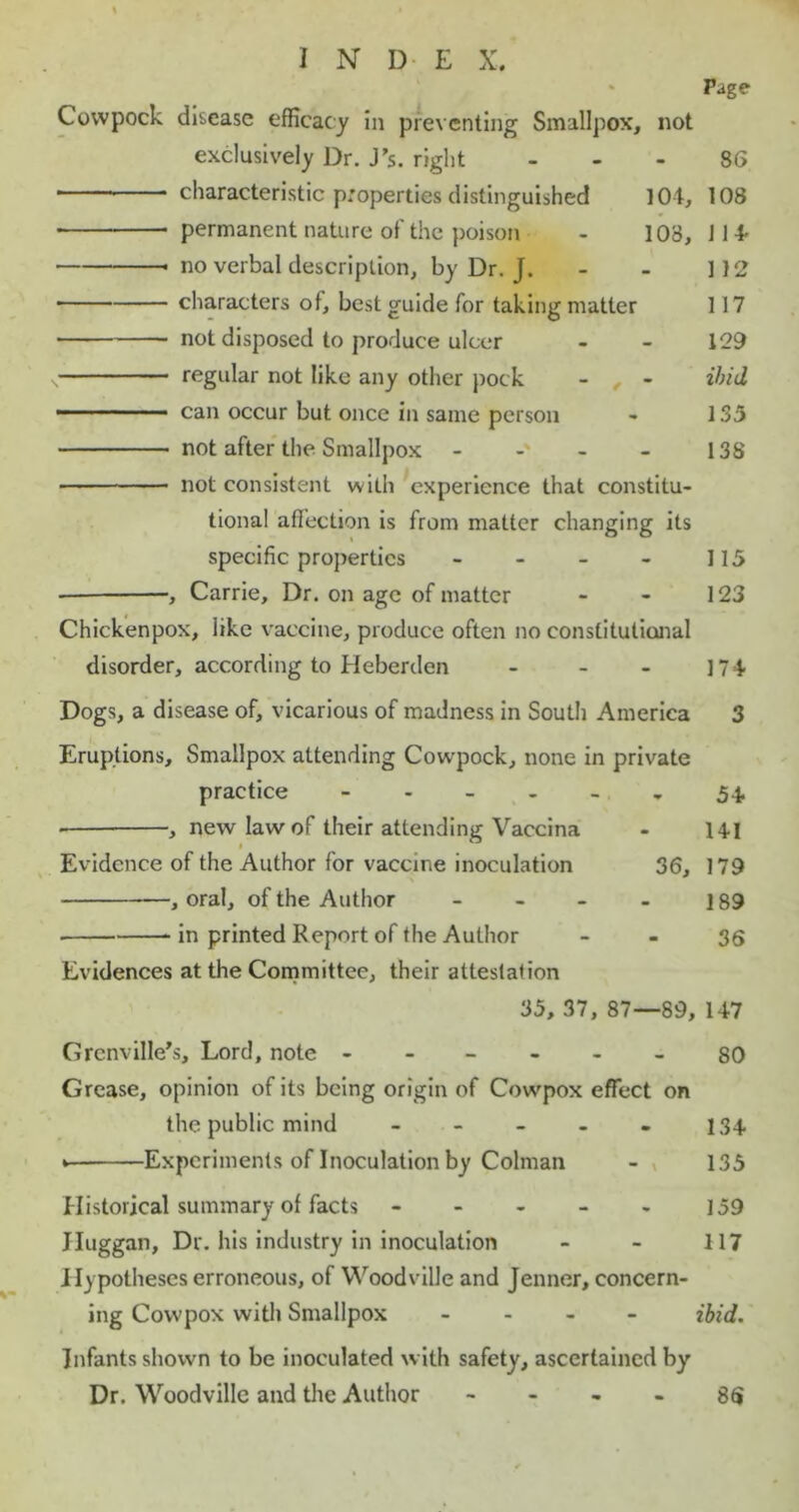 I N D E X. Page Covvpock disease efficacy in preventing Smallpox, not exclusively Dr. J’s. right - - - 86 characteristic properties distinguished 104, 108 • ■ permanent nature of the poison - 108, 114* no verbal description, by Dr. J. - - 112 characters of, best guide for taking matter 117 not disposed to produce ulcer - - 129 regular not like any other pock - - ibid ■■ ■ -1 ■ can occur but once in same person - 1 33 not after the Smallpox - - - - 138 not consistent with experience that constitu- tional affection is from matter changing its specific properties - - - - 115 , Carrie, Dr. on age of matter - - 123 Chickenpox, like vaccine, produce often no constitutional disorder, according to Heberden - - - 174- Dogs, a disease of, vicarious of madness in South America 3 Eruptions, Smallpox attending Covvpock, none in private practice 5 4 • , new law of their attending Vaccina - 141 Evidence of the Author for vaccine inoculation 36, 179 , oral, of the Author - - - - ] 89 - in printed Report of the Author - - 36 Evidences at the Committee, their attestation 35, 37, 87—89, 147 Grenville's, Lord, note - - - - - - 80 Grease, opinion of its being origin of Cowpox effect on the public mind - - - - . 134 » Experiments of Inoculation by Colman - 135 Historical summary of facts - - - - - 159 JIuggan, Dr. his industry in inoculation - - 117 Hypotheses erroneous, of Woodville and Jenner, concern- ing Cowpox with Smallpox - ibid. Infants shown to be inoculated with safety, ascertained by Dr. Woodville and the Author 86