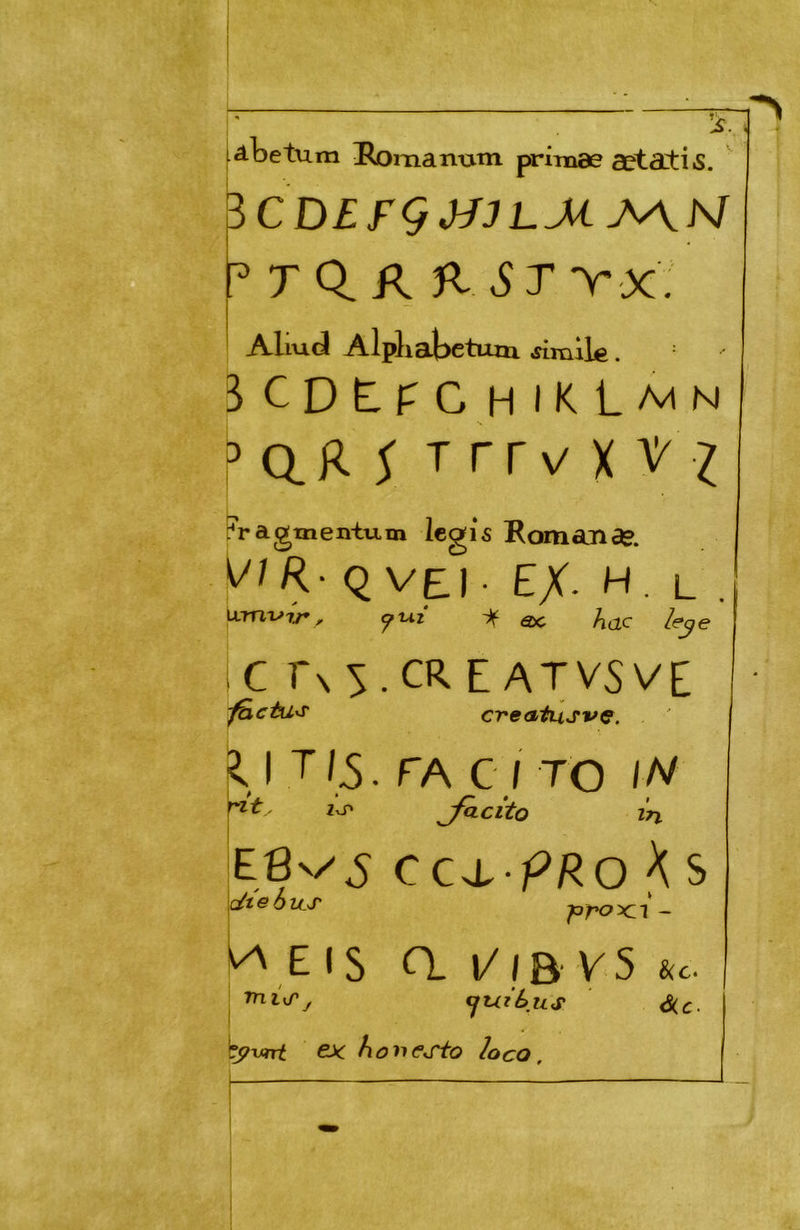 [ábetuna Homanum primae aetatis. CDEfgj^JLJí^M T Q. R R ^ T V X . Aliud Alpliabetum fraile. SCDtpCHiKL/viN P aR ^ T TV X V ^ Fragmentxim legis Rom ATI a?. i//R- Q VE|. E/. H. L ^ ac Aac U.TnV77* , le^e IC En 5.CR E ATVSVE cveaiúsve. U T/5. TA C i TO /A/ ' ^ ' ^acito in ESv/J CC^ PRO K S dteoUjr ppoxi'l - E IS O. l/|B V5 &c. I €fUl¿JíS ó(c- ex hoi^ej^o loco.