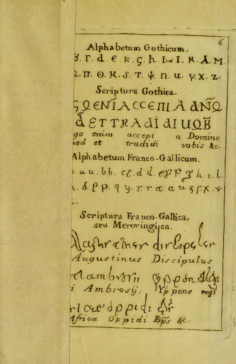 -A-Iplia betam Gotbicum, Ef. r. d.G. 1^. 5. K I. H A.M. l^TT. 0. K.<í'. T. (ff. n. iz y.X. Xj ícriptura Gotbica. yji em A cc € ni A diCa IgTTJíAdí di UÜB go enim accepi ^ a Domino lod et tradiclí vobis i\lpK ab etum Franc o - G at li cum. ccic.hh. C¿.d d. erpVj^ ¡i. i. L- t. 6. P p. ^ }). r T. ct: a S KÍcriptura Franco-GalKcar i