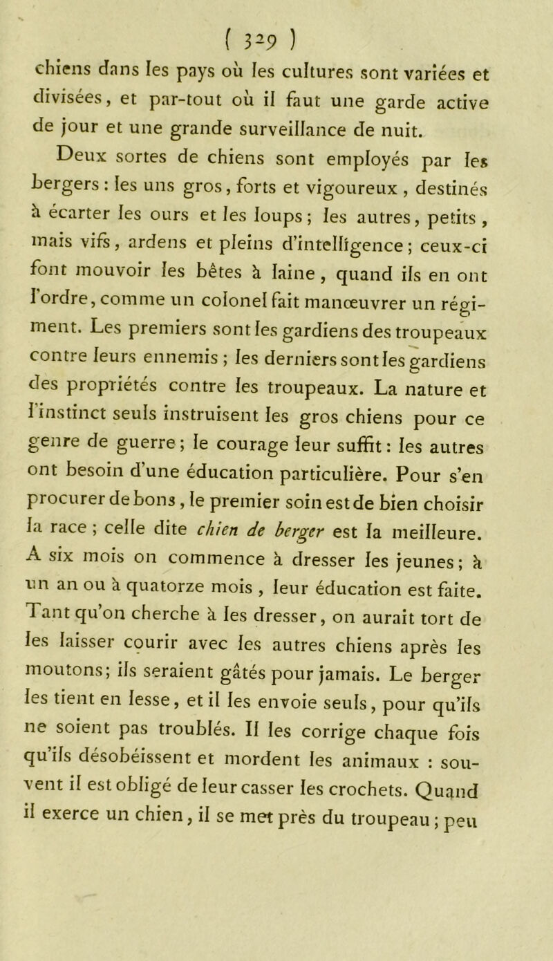 ( 3*9 ) chiens dans les pays où les cultures sont variées et divisées, et par-tout où il faut une garde active de jour et une grande surveillance de nuit. Deux sortes de chiens sont employés par les bergers : les uns gros, forts et vigoureux , destinés ù écarter les ours et les loups; les autres, petits, mais vifs, ardens et pleins d’intelligence; ceux-ci font mouvoir les bêtes à laine, quand ils en ont I ordre, comme un colonel fait manœuvrer un ré où- £> ment. Les premiers sont les gardiens des troupeaux contre leurs ennemis; les derniers sont les gardiens des propriétés contre les troupeaux. La nature et i instinct seuls instruisent les gros chiens pour ce genre de guerre ; le courage leur suffit : les autres ont besoin d une éducation particulière. Pour s’en procurer de bons, le premier soin est de bien choisir la race ; celle dite chien de berger est la meilleure, -rt. six mois on commence à dresser les jeunes; à un an ou à quatorze mois , leur éducation est faite. Tant qu on cherche k les dresser, on aurait tort de les laisser cçurir avec les autres chiens après les moutons; ils seraient gates pour jamais. Le berger les tient en lesse, et il les envoie seuls, pour qu’ils ne soient pas troublés. Il les corrige chaque fois qu’ils désobéissent et mordent les animaux : sou- vent il est obligé de leur casser les crochets. Quand il exerce un chien, il se met près du troupeau ; peu