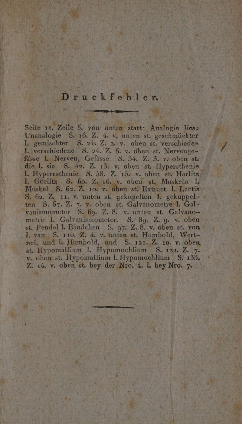 | ? Druckfehler. Unanalogie 8.16. Z. 4. v. unten st. geschmückter ‚1. verschiedene S. 24.'Z, 6. v. Oben‘st. Nervenge- die.l. sie 8.42. Z. 135. .v. oben ‚st, Hypersthenie 1. Görlitz _S. 60. Z. 16. v. oben st, Muskeln 1, Muskel . 8. 62. 2. 10. v. ben st? Extract. 1. Lactis 862 nv unten st, gekugelten 1. gekuppel- ten 8. 67.%. 7. v. oben st. Galvanometreil. Gal- metre/ 1. Galvanismonteter. 8. 89. 2. 9. v. oben st. Pendel I. Bändchen SS. 97: Z..8. v. oben st. von 1. van, S.’110..2, 4. v. unten st. Humbold, Wert- st. Hypomallium 1. Hypomochlium $. 122. Z. 7. =