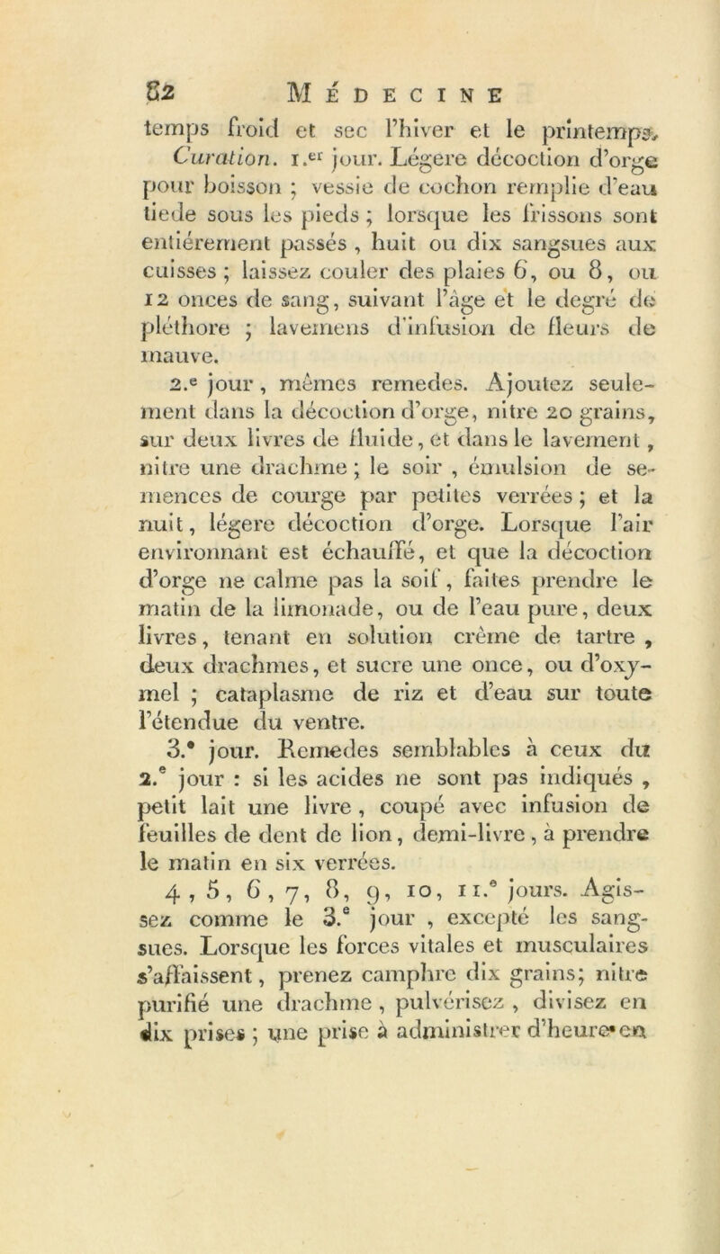 temps froid et sec l’hiver et le printemps. Curation. i.er jour. Légère décoction d’orge pour boisson ; vessie de cochon remplie d’eau liede sous les pieds ; lorsque les frissons sont entièrement passés , huit ou dix sangsues aux cuisses; laissez couler des plaies 6, ou 8, ou 12 onces de sang, suivant l’âge et le degré de pléthore ; lavemens d’infusion de fleurs de mauve. 2. e jour , mêmes remedes. Ajoutez seule- ment dans la décoction d’orge, nitre 20 grains, sur deux livres de fluide, et dans le lavement, nitre une drachme; le soir , émulsion de se- mences de courge par petites verrées ; et la nuit, légère décoction d’orge. Lorsque l’air environnant est échauffé, et que la décoction d’orge ne calme pas la soif, faites prendre le matin de la limonade, ou de l’eau pure, deux livres, tenant en solution crème de tartre , deux drachmes, et sucre une once, ou d’oxy- mel ; cataplasme de riz et d’eau sur toute l’étendue du ventre. 3. * jour. Remedes semblables à ceux du 2.e jour : si les acides ne sont pas indiqués , petit lait une livre , coupé avec infusion de feuilles de dent de lion, demi-livre , à prendre le matin en six verrées. 4,5, 6,7, 8, 9, 10, 11.6 jours. Agis- sez comme le 3.e jour , excepté les sang- sues. Lorsque les forces vitales et musculaires s’affaissent, prenez camphre dix grains; nitre purifié une drachme , pulvérisez , divisez en «üx prises ; une prise à administrer d’heure*en