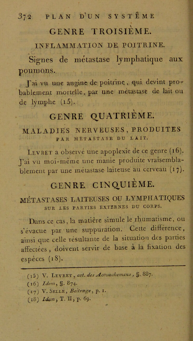 GENRE TROISIÈME. INFLAMMATION DE POITRINE. « / Signes de métastase lymphatique aux poumons. J’ai vu une angine de poitrine , qui devint pro- bablement mortelle, par une métastase de lait ou de lymphe (i5). GENRE QUATRIÈME. MALADIES NERVEUSES , PRODUITES PAR MÉTASTASE DU LAIT. Levret a observé une apoplexie de ce genre (16). J’ai vu moi-même une manie produite vraisembla- blement par une métastase laiteuse au cerveau (17). GENRE CINQUIÈME. MÉTASTASES LAITEUSES OU LYMPHATIQUES SUR LES PARTIES EXTERNES DU CORPS. Dans ce cas, la matière simule le rhumatisme, ou s’évacue par une suppuration. Cette diffeience, ainsi que celle résultante de la situation des p.uties affectées , doivent servir de base à la fixation des espèces (18). (15) V. Levret , art. des ^icfoucliemens, §. 887. (16) Idem, §. 874. (17) V. Selle, Bcitrœge, p. 1. (48) Idem, T. II, p. 69. /