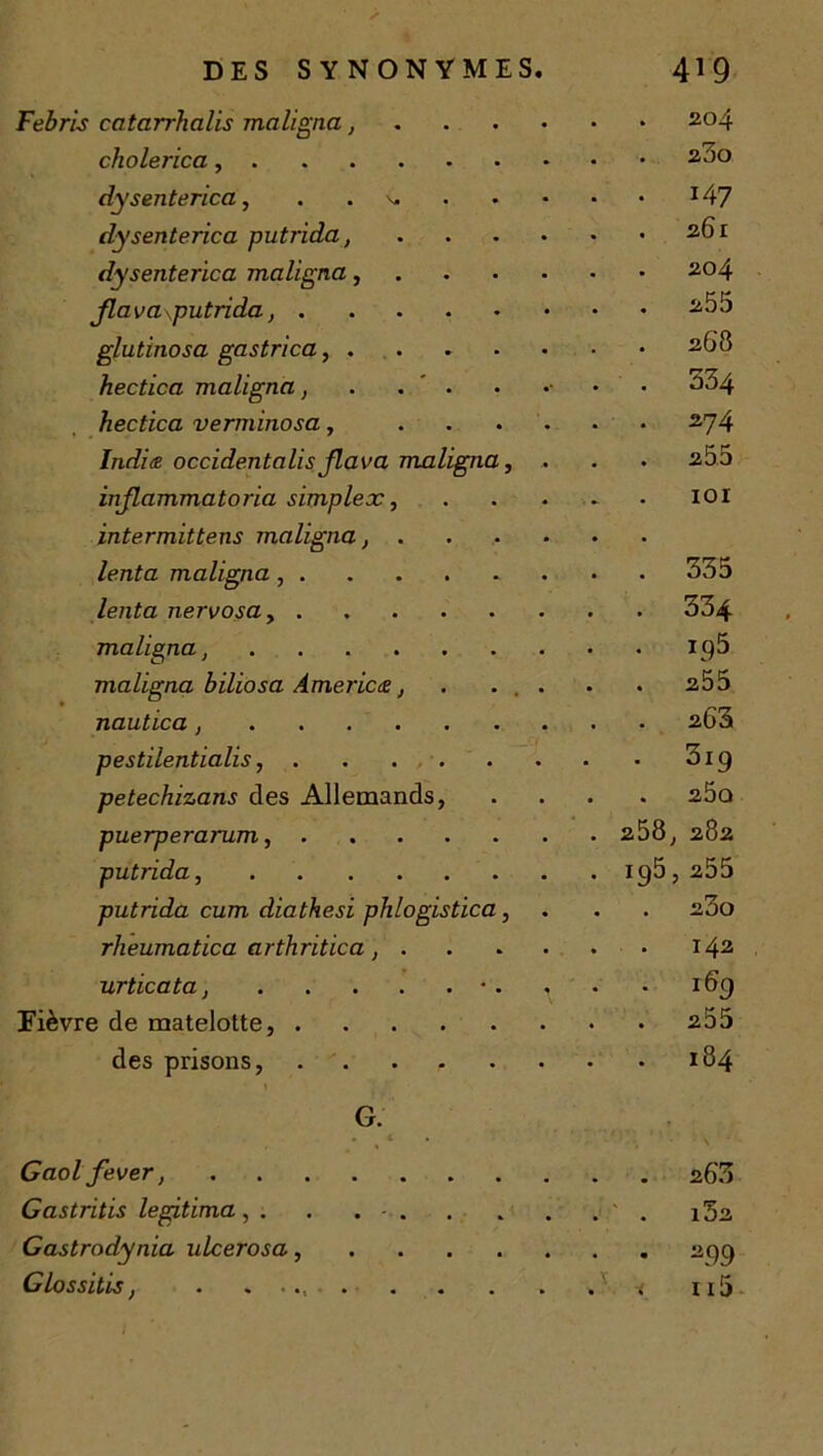 Febris catarrhalis maligna, 204 cholerica, 23o dysenterica, . . 147 dysenterica putrida, .... 261 dysenterica maligna, ... . 204 jlava\putrida, 255 glutinosa gastrica, 268 hectica maligna, . . ‘664 hectica verminosa, .... 274 Indiæ occidentalisJlava maligna, . 255 injlammatoria simplex, •- 101 intermittens maligna, .... lenta maligna, 335 lenta nervosay 334 maligna, i95 maligna biliosa Americæ, . . 255 nautica, 263 pestilentialis, • 3ig petechizans des Allemands, • 25q puerperarum, . a58, 282 putrida, . i95 , 255 putrida cum diathesi phlogistica, 23ü rheumatica arthritica , . . 142 urticata, • . . 169 Fièvre de matelotte, 255 des prisons, 184 G. Gaol fever 263 Gastritis légitima, . . . . l32 Gastrodynia ulcerosa • 2.99 Glossitis, . 115
