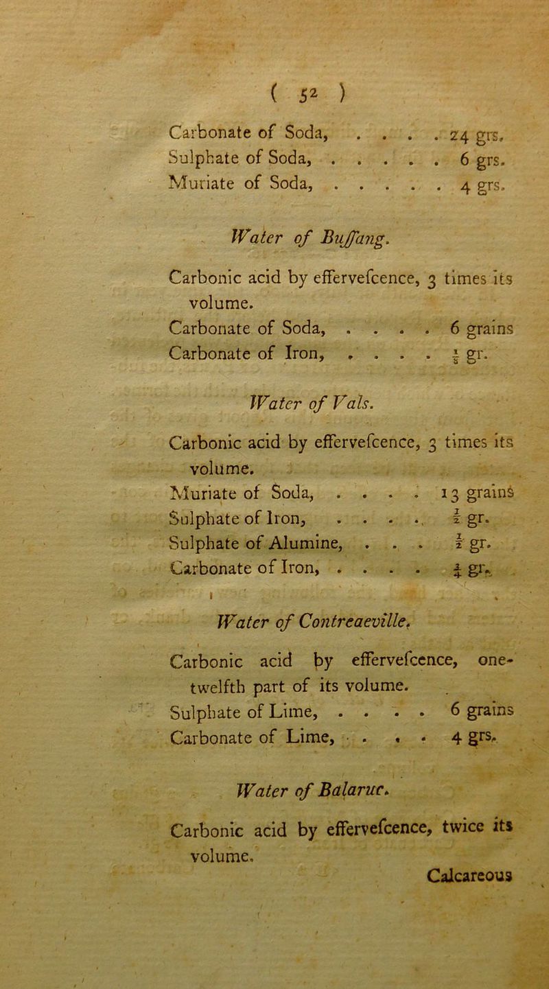 Carbonate of Soda, .... 24 grs. Sulphate of Soda, 6 grs. Muriate of Soda, 4 grs. Water of BuJJang. Carbonic acid by effervefcence, 3 times its volume. Carbonate of Soda, .... 6 grains Carbonate of Iron, . . . . 1 gr. Water of Vais. Carbonic acid by effervefcence, 3 times its volume. Muriate of Soda, ....13 grains Sulphate of Iron, . . . ., I gr. Sulphate of Alumine, ... i gr. Carbonate of Iron, .... ± gr* 1 Water of Contreaeville. 1 Carbonic acid by effervefcence, one- twelfth part of its volume. Sulphate of Lime, .... 6 grains Carbonate of Lime, • . , . 4 grs. Water of Balaruc. Carbonic acid by effervefcence, twice its volume. Calcareous