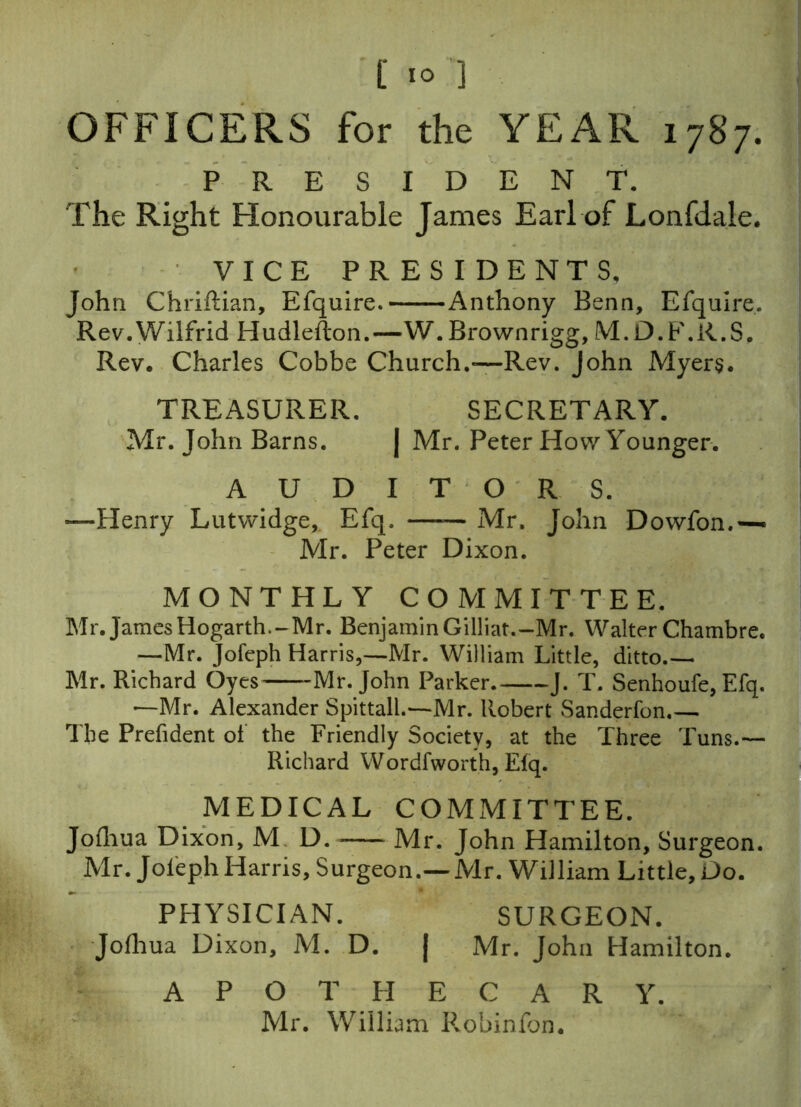 OFFICERS for the YEAR 1787. PRESIDENT. The Right Honourable James Earl of Lonfdale. VICE PRESIDENTS. John Chriftian, Efquire. Anthony Bsnn, Efquire. Rev.Wilfrid Hudlefton.—W. Brownrigg, M.D.F.R.S. Rev. Charles Cobbe Church.—Rev. John Myers. TREASURER. SECRETARY. Mr. John Barns. | Mr. Peter How Younger. AUDITORS. —Henry Lutwidge, Efq. —— Mr. John Dowfon.— Mr. Peter Dixon. MONTHLY COMMITTEE. Mr. James Hogarth.-Mr. Benjamin Gilliat.-Mr. Walter Chambre. —Mr. Jofeph Harris,—Mr. William Little, ditto.— Mr. Richard Oyes Mr. John Parker J. T. Senhoufe, Efq. —Mr. Alexander Spittall.—Mr. Robert Sanderfon.— The Prefident of the Friendly Society, at the Three Tuns.— Richard Wordfworth, Efq. MEDICAL COMMITTEE. Jofhua Dixon, M D. Mr. John Hamilton, Surgeon. Mr. Joleph Harris, Surgeon.—Mr. William Little, Do. PHYSICIAN. SURGEON. Jofhua Dixon, M. D. | Mr. John Hamilton. APOTHECARY. Mr. William P*obinfon.