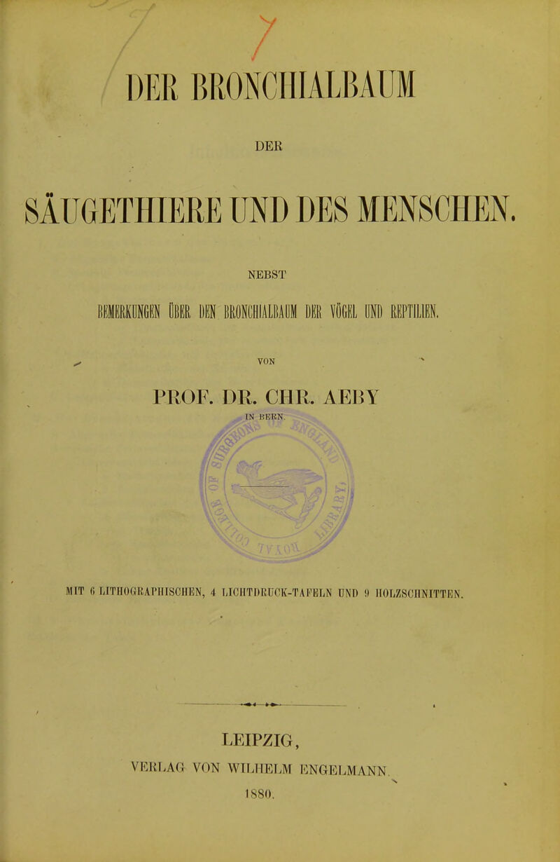 DER BRONCIIIALBAUM DER 8ÄUGETHIERE UND DES MENSCHEN. NEBST mmwm über den bröihialbiöm üeb vögel und reptiüen. ^ VON PROF. DR. CHR. AEBY IN BERN. MIT fi LITHOGRAPHISCHEN, 4 LICHTDRDCK-TAf'ELN UND 9 HOLZSCHNITTEN. LEIPZIG, VEIiLAG VON WILHELM ENGELMANN. 1880.