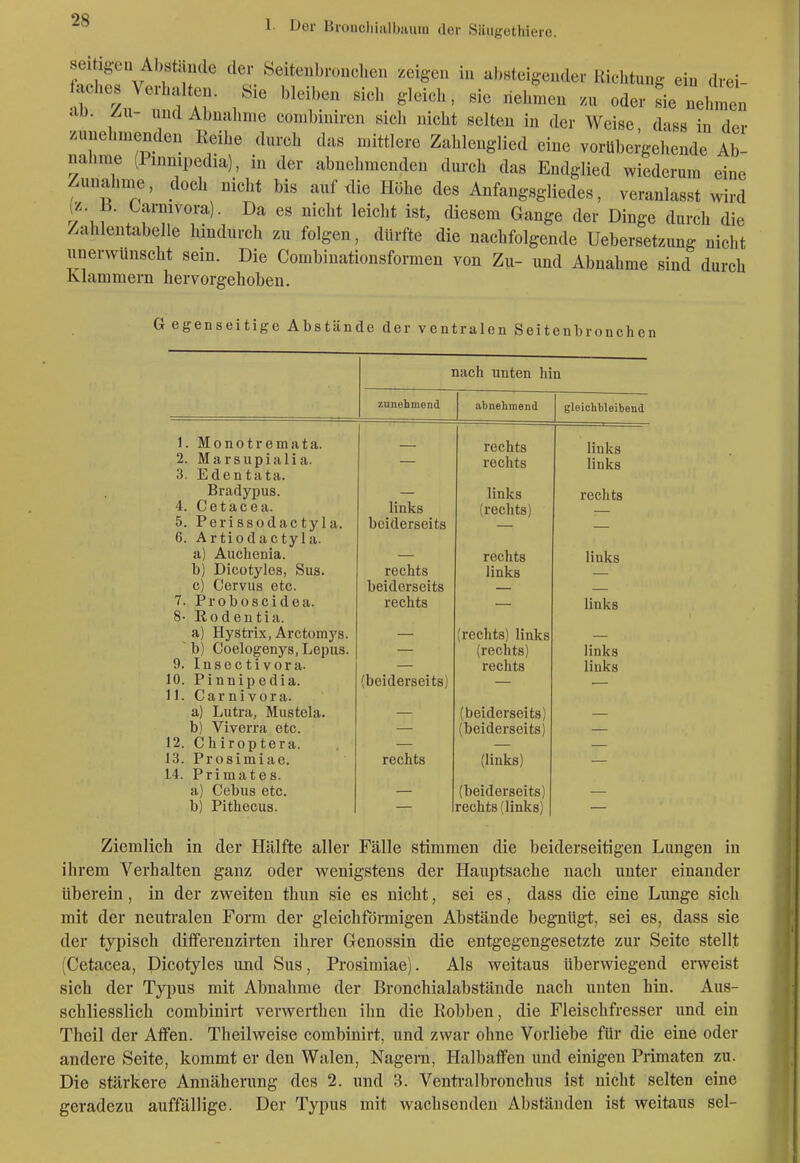 sei Igen Abstände der Seitenbronclien zeigen in al.Bteigender Richtung ein drei Jaches Verhalten. Sie bleiben sich gleich, sie nehmen .u oder L neht« ciD. ZU- und Abnahme conibiniren sich nicht selten in der Weise, dass in der zunehmenden Reihe durch das mittlere Zahlenglied eine vorübergehende Ab- nahme (Pmnipedia), in der abnehmenden durch das Endglied wiederum eine Zunahme, doch nicht bis auf tiie Höhe des Anfangsgliedes, veranlasst wird y'if .f'TT^- ''^^ ^^^'^^ ^^^^e der Dinge durch die /ahlentabelle hindurch zu folgen, dürfte die nachfolgende Uebersetzung nicht unerwünscht sein. Die Combinationsformen von Zu- und Abnahme sind durch Klammern hervorgehoben. G egenseitige Abstände der ventralen Seitenbronchen nach unten hin zunehmend abnehmend gleichbleibend 1. Monotremata. 2. Marsupiali a. 3. Edentata. Bradypus. 4. Cetacea. 5. Perissodactyla. 6. Artiodactyla. a) Auchenia. b) Dicotyles, Sus. c) Cervus etc. 7. Prob0seidea. 8- Eodentia. a) Hystrix, Aretomys. ' b) Coelogenys.Lepus. 9. Insectivora. 10. Pinnipedia. 11. Carnivora. a) Lutra, Mustela. b) Viverra etc. 12. Chiroptera. 13. Prosimiae. 14. Primates. a) Cebus etc. b) Pithecus. links beiderseits rechts beiderseits rechts (beiderseits) rechts rechts rechts links (rechts) rechts links (rechts) links (rechts) rechts (beiderseits) (beiderseits) (links) (beiderseits) rechts (links) links links rechts links links links links Ziemlich in der Hälfte aller Fälle stimmen die beiderseitigen Lungen in ihrem Verhalten ganz oder wenigstens der Hauptsache nach unter einander überein, in der zweiten thun sie es nicht, sei es, dass die eine Lunge sich mit der neuti'alen Form der gleichförmigen Abstände begnügt, sei es, dass sie der typisch differenzirten ihrer Genossin die entgegengesetzte zur Seite stellt (Cetacea, Dicotyles und Sus, Prosimiae). Als weitaus überwiegend erweist sich der Tyjius mit Abnahme der Bronchialabstände nach unten hin. Aus- schliesslich combinirt verwerthen ihn die Robben, die Fleischfresser und ein Theil der Affen. Theilweise combinirt, und zwar ohne Vorliebe für die eine oder andere Seite, kommt er den Walen, Nagern, Halbaffen und einigen Primaten zu. Die stärkere Annäherung des 2. und 3. Venti-albronchus ist nicht selten eine geradezu auffällige. Der Typus mit wachsenden Abständen ist weitaus sei-