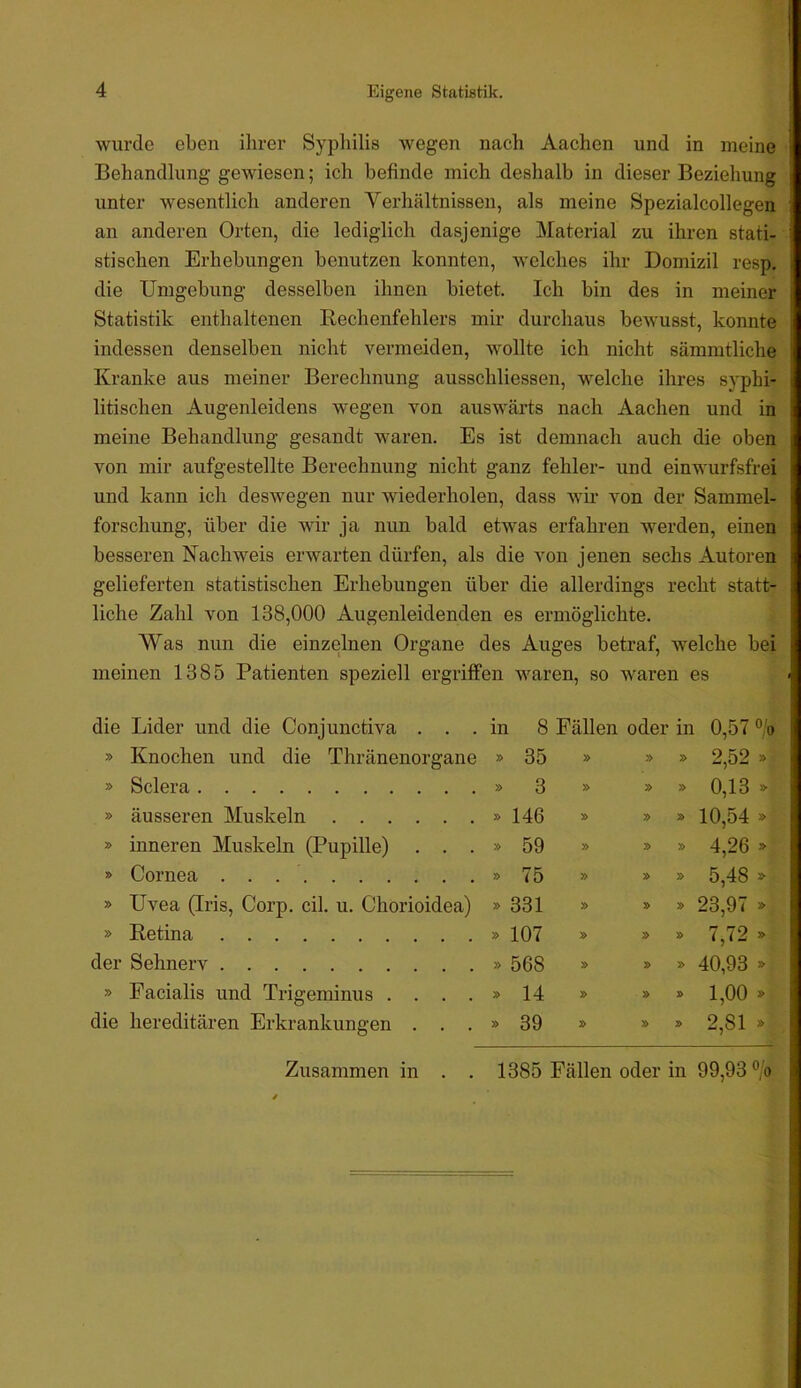 wurde eben ihrer Sypliilis wegen nach Aachen und in meine Behandlung gewiesen; ich befinde mich deshalb in dieser Beziehung unter wesentlich anderen Verhältnissen, als meine Spezialcollegen an anderen Orten, die lediglich dasjenige Material zu ihren stati- stischen Erhebungen benutzen konnten, welches ihr Domizil resp. die Umgebung desselben ihnen bietet. Ich bin des in meiner Statistik enthaltenen Rechenfehlers mir durchaus bewusst, konnte indessen denselben nicht vermeiden, wollte ich nicht sämmtliche Kranke aus meiner Berechnung ausschliessen, welche ihres syphi- litischen Augenleidens wegen von auswärts nach Aachen und in meine Behandlung gesandt waren. Es ist demnach auch die oben von mir aufgestellte Berechnung nicht ganz fehler- und einwurfsfrei und kann ich deswegen nur wiederholen, dass wir von der Sammel- forschung, über die wir ja nun bald etw'as erfahren werden, einen besseren Nachweis erwarten dürfen, als die von jenen sechs Autoren gelieferten statistischen Erhebungen über die allerdings recht statt- liche Zahl von 138,000 Augenleidenden es ermöglichte. Was nun die einzelnen Organe des Auges betraf, welche bei meinen 1385 Patienten speziell ergriffen waren, so waren es die Lider und die Conjunctiva ... in 8 Fällen oder in 0,57 ^!o » Knochen und die Thränenorgane » 35 » 2,52 » » Sclera » 3 » » » 0,13 »■ » äusseren Muskeln » 146 » » » 10,54 » » inneren Muskeln (Pupille) . . . » 59 » » » 4,26 > » Cornea » 75 » » oo 'V » Uvea (Iris, Corp. eil. u. Chorioidea) » 331 » » 23,97 » » Retina » 107 » 3> 7,72 » der Sehnerv » 568 » 40,93 » » Facialis und Trigeminus .... » 14 » » 1,00 » die hereditären Erkrankungen . . . » 39 » » 2,81 » Zusammen in . . 1385 Fällen oder in 99,93 ®/o