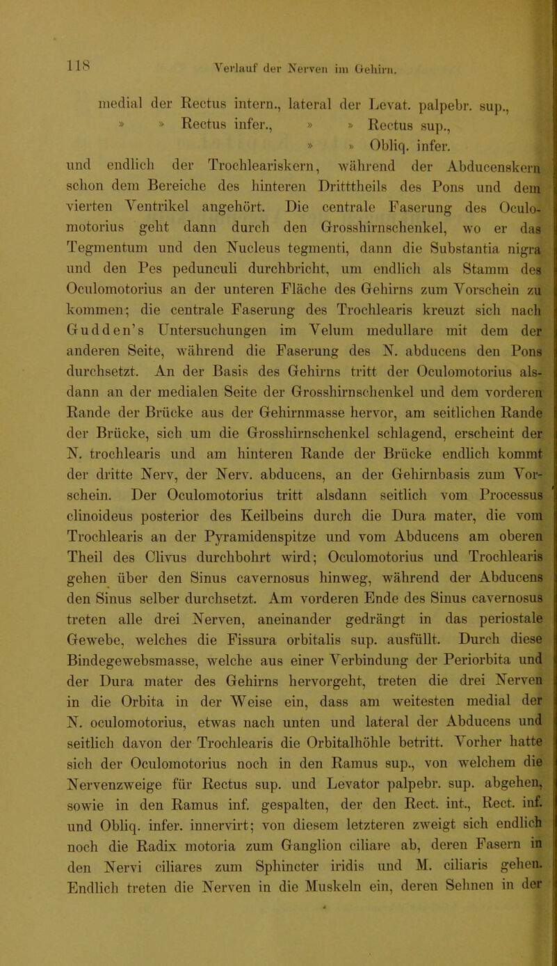 lis Verlauf der Nerven iin Gehirn. medial der Rectus intern., lateral der Levat, palpebr. sup., » » Rectus infer., » » Rectus sup., » » Obliq. infer. und endlich der Trochleariskern, während der Abducenskerii schon dem Bereiche des hinteren Dritttheils des Pons und dem vierten Ventrikel angehört. Die centrale Faserung des Oculo- motorius geht dann durch den Grrosshirnschenkel, wo er das Tegmentum und den Nucleus tegmenti, dann die Substantia nigra und den Pes pedunculi durchbricht, um endlich als Stamm des Oculomotorius an der unteren Fläche des Gehirns zum Vorschein zu kommen; die centrale Faserung des Trochlearis kreuzt sich nach Gudden’s Untersuchungen im Velum medulläre mit dem der anderen Seite, während die Faserung des N. abducens den Pons durchsetzt. An der Basis des Gehirns tritt der Oculomotorius als- dann an der medialen Seite der Grosshirn schenke! und dem vorderen Rande der Brücke aus der Gehirnmasse hervor, am seitlichen Rande der Brücke, sich um die Grosshirnschenkel schlagend, erscheint der N. trochlearis und am hinteren Rande der Brücke endlich kommt der dritte Nerv, der Nerv, abducens, an der Gehirnbasis zum Vor- schein. Der Oculomotorius tritt alsdann seitlich vom Processus clinoideus posterior des Keilbeins durch die Dura mater, die vom Trochlearis an der Pyramidenspitze und vom Abducens am oberen Theil des Clivus durchbohrt wird; Oculomotorius und Trochlearis gehen über den Sinus cavernosus hinweg, während der Abducens den Sinus selber durchsetzt. Am vorderen Ende des Sinus cavernosus treten alle drei Nerven, aneinander gedrängt in das periostale Gewebe, welches die Fissura orbitalis sup. ausfüllt. Durch diese Bindegewebsmasse, welche aus einer Verbindung der Periorbita und der Dura mater des Gehirns hervorgeht, treten die drei Nerven in die Orbita in der Weise ein, dass am weitesten medial der N. oculomotorius, etwas nach unten und lateral der Abducens und seitlich davon der Trochlearis die Orbitalhöhle betritt. Vorher hatte sich der Oculomotorius noch in den Ramus sup., von w'elchem die Nervenzweige für Rectus sup. und Levator palpebr. sup. abgehen, sowie in den Ramus inf. gespalten, der den Reet, int., Reet. inf. und Obliq. infer. innervirt; von diesem letzteren zweigt sich endlich noch die Radix motoria zum Ganglion ciliare ab, deren Fasern in den Nervi ciliares zum Sphincter iridis und M. ciliaris gehen. Endlich treten die Nerven in die Muskeln ein, deren Sehnen in der