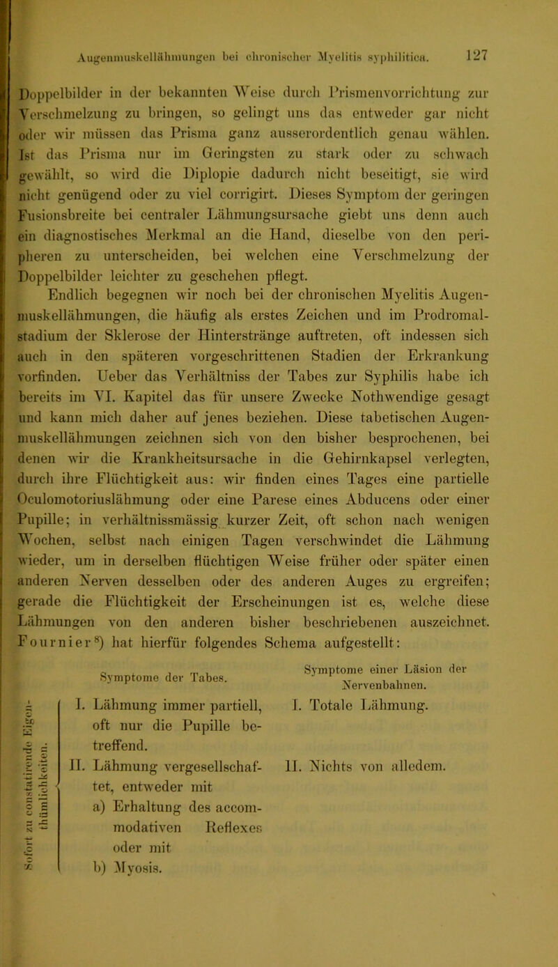 Doppelbilder in der bekannten AVeise durch l’riHmenvorrichtung zur Verschmelzung zu bringen, so gelingt uns das entweder gar nicht oder wir müssen das Prisma ganz ausserordentlich genau wählen. Ist das Jh-isma nur im Geringsten zu stark oder zu schw'ach gewählt, so wird die Diplopie dadurch nicht beseitigt, sie wird nicht genügend oder zu viel corrigirt. Dieses Symptom der geringen Fusionsbreite bei centraler Lähmungsursache giebt uns denn auch ! ein diagnostisches j\Ierkmal an die Hand, dieselbe von den peri- pheren zu unterscheiden, bei welchen eine Verschmelzung der i Doppelbilder leichter zu geschehen pflegt. Endlich begegnen wir noch bei der chronischen Myelitis Augen- : muskellähmungen, die häufig als erstes Zeichen und im Prodromal- ! Stadium der Sklerose der Hinterstränge auftreten, oft indessen sich auch in den späteren vorgeschrittenen Stadien der Erkrankung I A'orfinden. Heber das Verhältniss der Tabes zur Syphilis habe ich bereits im VI. Kapitel das für unsere Zwecke Nothwendige gesagt 1 und kann mich daher auf jenes beziehen. Diese tabetischen Augen- I muskellähmungen zeichnen sich von den bisher besprochenen, bei I denen wii- die Krankheitsursache in die Gehirnkapsel verlegten, [I durch ihre Flüchtigkeit aus: wir finden eines Tages eine partielle il Oculomotoriuslähmung oder eine Parese eines Abducens oder einer I Pupille; in verhältnissmässig kurzer Zeit, oft schon nach wenigen ^ Wochen, selbst nach einigen Tagen verschwindet die Lähmung ; wieder, um in derselben flüchtigen Weise früher oder später einen I anderen Kerven desselben oder des anderen Auges zu ergreifen; i gerade die Flüchtigkeit der Erscheinungen ist es, welche diese läihmungen von den anderen bisher beschriebenen auszeichnet. ) Fournier®) hat hierfür folgendes Schema aufgestellt: > I X Symptome der Tabes. 1. Lähmung immer partiell, oft nur die Pupille be- treffend. 11. Lähmung vergesellschaf- tet, entweder mit a) Erhaltung des accom- modativen Reflexes oder mit b) Myosis. Symptome einer Läsion der Nervenbahnen. 1. Totale Lähmung. 11. Vichts von alledem.