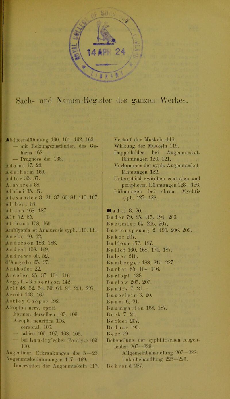 Sacli- und Namen-l\Oi>-istov des ü'aiizen \\\u‘kes. Ab'luceiislühmuiig IGO. IGl. 162. 163. — mit Keizuiigszu.stiiiKleu des Ge- hirns 162. — Prognose der 163. A d a in s 17. 22. A d e 1 h e i in 160. Adler 35. 37. A 1 a V a r e 8 38. A1 b i n i 35. 37. Alexander 3. 21. 37. 60. 81. 115.167. Alibert 68. Ali.^on 168. 187. Alt 72. 85. A11 li a u s 158. 169. Amblj'opia et Amaurosis sypli. 110. 111. A n c k e 40. 52. Anderson 186. 188. A n d r a 1 158. 169. A n d r e w s 50. 52. d ’A n g e 1 o 25. .-17. A n th 0 fe r 22. Avcoleo 2.5. 37. 104. 116. A r g y 11 - K 01) e r t s o n 142. Arlt 48. .52. 54. 59. 64. 84. 201. 227. Arndt 143. 167. Astley Cooper 192. Atrophia nerv, optici: Formen derselben 105. 106. Atroph, neuritica IfKi. : — cerebral. 106. ' — tabica 106. 107. 108. 109. ; — bei Lan(1 ry’scher Paraly.se 109. ' 110. Augenlider, Erkrankungen der 5—23. Augeninu.skellähmungen 117—169. A'erlauF der Muskeln 118. 5Virkung der Muskeln 119. Doppelbilder bei Augenmuskel- lähnuingen 120. 121. Vorkommen der syph. Angcnmuskel- lähmungen 122. l^nterschied z-wischen centralen und peripheren Lähmungen 123—126. Lähmungen bei chron. Myelitis syph. 127. 128. IIadal 3. 20. Bader 79. 85. 115. 194. 206. B a e u m 1er 64. 205. 207. B a e r e n s p r u n g 2. 190. 206. 209. Baker 207. B a 1 f 0 u r 177. 187. Ballet 160. 168. 174. 187. B a 1 z e r 216. B a m b e r g e r 188. 215. 227. B a r b a r 85. 104. 116. B a r 10 g h 183. Barlo w 205. 207. B a u d r y 7. 21. Bauerl ein 3. 20. B a n m 6. 21. Baumgarten 168. 187. Beck 7. 21. Becker 207. Bednar 190. B e e r 59. Behandlung der syjdiilitiseheu Augen- leiden 207—226. Allgemeinbehandlung 207—222. Jjokalbehandlung 223—226.