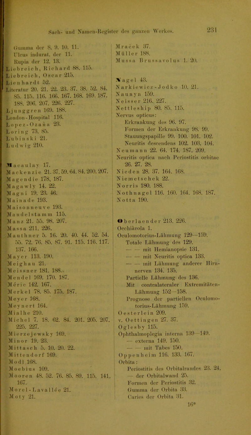 Stich- und N'iuucn-Kcf?i»tcr des *!:tiii/.cn Werkes. (imnimi der 8. 9. 10. 11. rU'iis indurat. der 11. Kiipia der 12. 19. L i e 1) r e i c li, K i c h a r d 88. 1 li). Liebreich, O .s c a r 21i). Lieiiliardt 52. Literatur 20. 21. 22. 29. 97. 98. 52. 81. 8.5. 115. 110. K50. 107. 108. 109. 187. 188. 2tMi. 207. 220. 227. lijunggreii 109. 188. , London-Hospital 110. , Ij o p e /. - O z a n a 29. I ]. o r i II g 73. 8.5. Lnliiiiski 21. ( L u d w i g 210. I I a e a u 1 a y 17. il Jlackenzie 21.37. 59. <>1.81. 200. 207. ij 31 a g e II d i e 178, 187. i| 31 a g a w 1 y 11. 22. i( 31 a g II i 19. 23. 16. fl 31 a i II a d e 193. ij 31 a i s o II n e u V e 199. fl 31 a II d e 1 s t a in m 115. ’ 31 a II z 21. 55. 98. 207. ' 3Ia.ssa 211. 226. 31 a n t h II e v 5. 16. 20. 10. H. 52. 51. 55. 72. 76. a5. 87. 91. 115. 116. 117. 137. 106. i 3layer 113. 190. ^ 3Ieiglian 21. \ 31ei.ssner 181. 188.- . 3Ieiidel 169. 170. 187. 31 e r i e 112. 167. 3Ierkel 78. 85. 17.5. 187. 31 e y e r 168. 31 e y II e rt 161. 31 i a 1 h e 210. 31ichel 7. 18. 02. 81. 201. 20.5. 207. 225. 227. 31 i e r z e j ews k y 169. 31 i II o r 19. 2.3. 31 i 11 a 8 c li 5. 10. 20. 22. 31 i 11 e II d o r f 169. 31odl 168. 310 e I) i II8 109. 3iooren 18. 52. 70. &5. 89. 115. 111. 107. 310 re I - Ti a va 11 4 e 21. 31oty 21. 31 r a e e k 97. 31 ü 11 e r 188. 31 118811 li r II 88 a V() 1118 1. 20. X a g e 1 19. : N ar k ie\vi c z - .1 o d k o 10. 21. ! N a II n y ii L59. j Xcisser 210. 227. : Nettleahij) 80. 85. 115. ' Nervu8 opticus: Erkrankung des 96. 97. ' Fornien der Erkrankung 98. 99. Stamiiigspaiiille 99. 100. 101. 102. I Neuritis desoendens 102. 103. 101. I Neu in a ii ii 22. 61. 171. 187. 209. ' Neuritis optica nach Periostitis orliitae ; 26. 27. 28. ; Nied eil 28. 97. 161. 168. ; N i e III e t s c h e k 22. I N 0 r r i 8 180. 188. Notlinagel 116. 160. 161. 168. 187. I Notta 190. O b e r 1 a e II d e r 213. 226. j Occliitirola 1. I Oculoinotorius-Läliinuiig 129—1.59. I Totale Lähmung des 129. — — mit Hemianopsie 131. mit Neuritis optica 139. mit Lähmung anderer Hirn- nerven 134. 135. Partielle Lähmung des 136. 3Iit contralateraler Extreniitäten- \ Lähinung 152—158. Prognose der partiellen Oculomo- ' torius-Lähmuiig 159. I 0 e s t e r 1 e i II 209. V. O e 11 i II g e n 27. 37. ' 0 g 1 e 8 b y 115. Ojihtlialmoplegia interna 199—119. I — externa 119. 150. mit Tabes 1.50. . Opjienlieim 110. 133. 167. : Orbita: I’eriostitis des Orbitalrandcs 29. 21. I — der Orbitulwand 25. I Formen der Periostitis 92. (luninia der Orbita 99. Chiries der Orbita 91. 16*