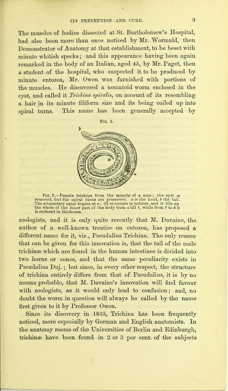 The muscles of bodies dissected at St. Bartlioloinew's Hospital, had also been more than once noticed by Mr. Wormald, then Demonstrator of Anatomy at that establishment, to be beset with minute whitish specks ; and this appearance having been again remarked in the body of an Italian, aged 45, by Mr. Paget, then a student of the hospital, who suspected it to be produced by minute entozoa, Mr. Owen was furnished with portions of the muscles. He discovered a nematoid worm enclosed in the cyst, and called it Trichina spiralis, on account of its resembling a hair in its minute filiform size and its being coiled up into spiral turns. This name has been generally accepted by Via. 2. b Fio. 2.—Female trichina from the muscle of a man ; the cyst la removed, but the spiral turns are preserved, a is the head, b the tail. The alimentary canal begins at a; its structure is cellular, and it fills up the whole of the inner part of the body from a till +, while from t to 4 it is reduced iu thickness. zoologists, and it is only quite recently that M. Davaine, the author of a well-known ti'eatise on entozoa, has proposed a different name for it, viz., Pseudalius Trichina. The only reason that can be given for this innovation is, that the tail of the male trichinae which are found in the human intestines is divided into two horns or cones, and that the same peculiarity exists in Pseudalius Duj.; but since, in every other respect, the structure of trichina entirely differs fi'om that of Pseudalius, it is by no means probable, that M. Davaine's innovation will find favour with zoologists, as it would only lead to confusion; and, no doubt the worm in question wiU always be called by the name first given to it by Professor Owen. Since its discovery in 1835, Trichina has been frequently noticed, more especially by German and English anatomists. In the anatomy rooms of the Universities of Berlin and Edinburgh, trichinae have been found in 2 or 3 per cent, of the subjects