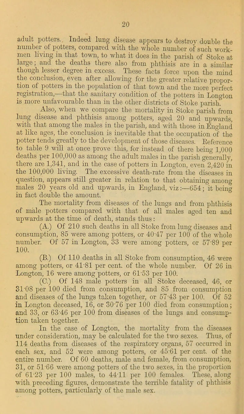 adult potters.. Indeed lung disease appears to destroy double the number of potters, compared with the whole number of such work- men living in that town, to what it does in the parish of Stoke at large; and the deaths there also from phthisis are in a similar though lesser degree in excess. These facts force upon the mind the conclusion, even after allowing for the greater relative propor- tion of potters in the population of that town and the more perfect registration,—that the sanitary condition of the potters in Longton is more unfavourable than in the other districts of Stoke parish° Also, when we compare the mortality in Stoke parish from lung disease and phthisis among potters, aged 20 and upwards, with that among the males in the parish, and with those in England at like ages, the conclusion is inevitable that the occupation of the potter tends greatly to the development of those diseases. Reference to table 9 will at once prove this, for instead of there being 1,000 deaths per 100,000 as among the adult males in the parish generally, there are 1,341, and in the case of potters in Longton, even 2,420 in the 100,000 living. The excessive death-rate from the diseases in question, appears still greater in relation to that obtaining among males 20 years old and upwards, in England, viz :—654; it being in fact double the amount. The mortality from diseases of the lungs and from phthisis of male potters compared with that of all males aged ten and upwards at the time of death, stands thus: (A.) Of 210 such deaths in all Stoke from lung diseases and consumption, 85 were among potters, or 40 47 per 100 of the whole number. Of 57 in Longton, 33 were among potters, or 57'89 per 100. (B.) Of 110 deaths in all Stoke from consumption, 46 were among potters, or 41'81 per cent, of the whole number. Of 26 in Longton, 16 were among potters, or 61 ‘53 per 100. (C.) Of 148 male potters in all Stoke deceased, 46, or 31’08 per 100 died from consumption, and 85 from consumption and diseases of the lungs taken together, or 57'43 per 100. Of 52 in Longton deceased, 16, or 30 76 per 100 died from consumption; and 33, or 63'46 per 100 from diseases of the lungs and consump- tion taken together. In the case of Longton, the mortality from the diseases under consideration, may be calculated for the two sexes. Thus, of 114 deaths from diseases of the respiratory organs, 57 occurred in each sex, and 52 were among potters, or 45-61 per cent, of the entire number. Of 60 deaths, male and female, from consumption, 31, or 5L66 were among potters of the two sexes, in the proportion of 61-23 per 100 males, to 4411 per 100 females. These, along with preceding figures, demonstrate the terrible fatality of phthisis among potters, particularly of the male sex.