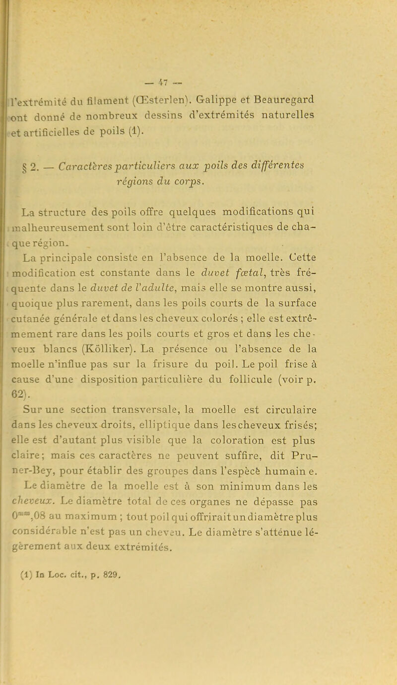 extrémité du filament (Œsterlen). Galippe et Beauregard nt donné de nombreux dessins d'extrémités naturelles t artificielles de poils (1). § 2. — Caractères particuliers aux poils des différentes régions du corps. La structure des poils offre quelques modifications qui malheureusement sont loin d'être caractéristiques de cha- que région. La principale consiste en l'absence de la moelle. Cette modification est constante dans le duvet fœtal, très fré- quente dans le duvet de l'adulte, mais elle se montre aussi, quoique plus rarement, dans les poils courts de la surface cutanée générale et dans 1 es cheveux colorés ; elle est extrê- mement rare dans les poils courts et gros et dans les che- veux blancs (Kôlliker). La présence ou l'absence de la moelle n'influe pas sur la frisure du poil. Le poil frise à cause d'une disposition particulière du follicixle (voir p. 62). Sur une section transversale, la moelle est circulaire dans les cheveux droits, elliptique dans les cheveux frisés; elle est d'autant plus visible que la coloration est plus claire; mais ces caractères ne peuvent suffire, dit Pru- ner-Bey, pour établir des groupes dans l'espècè humain e. Le diamètre de la moelle est à son minimum dans les cheveux. Le diamètre total de ces organes ne dépasse pas 0,08 au maximum; tout poil qui offrirait un diamètre plus considérable n'est pas un cheveu. Le diamètre s'atténue lé- gèrement aux deux extrémités. (1) In Loc. cit., p. 829,