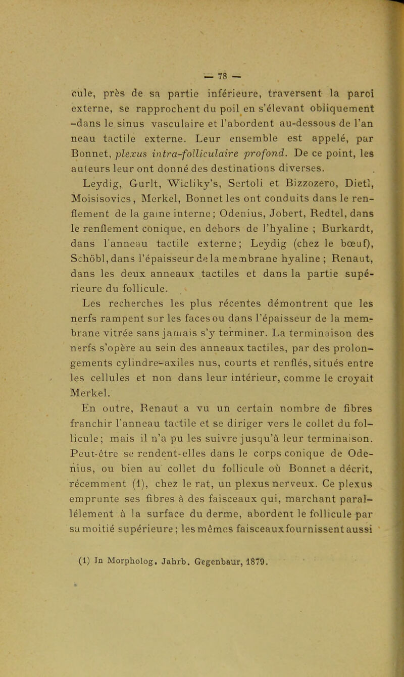 cule, près de sa partie inférieure, traversent la paroi externe, se rapprochent du poil en s'élevant obliquement -dans le sinus vasculaire et l'abordent au-dessous de l'an neau tactile externe. Leur ensemble est appelé, par Bonnet, plexus intra-folliculaire profond. De ce point, les auteurs leur ont donné des destinations diverses. Leydig, Gurlt, Wiclikj's, Sertoli et Bizzozero, Dietl, Moisisovics, Mcrkel, Bonnet les ont conduits dans le ren- flement de la game interne; Odenius, Jobert, Redtel, dans le renflement conique, en dehors de l'hyaline ; Burkardt, dans l'anneau tactile externe; Leydig (chez le bœuf), Schôbl,dan3 l'épaisseur delà mecnbrane hyaline ; Renaut, dans les deux anneaux tactiles et dans la partie supé- rieure du follicule. Les recherches les plus récentes démontrent que les nerfs rampent sur les faces ou dans l'épaisseur de la mem- brane vitrée sans jamais s'y terminer. La terminaison des nerfs s'opère au sein des anneaux tactiles, par des prolon- gements cylindre-axiles nus, courts et renflés, situés entre les cellules et non dans leur intérieur, comme le croyait Merkel. En outre, Renaut a vu un certain nombre de fibres franchir l'anneau tactile et se diriger vers le collet du fol- licule; mais il n'a pu les suivre jusqu'à leur terminaison. Peut-être se rendent-elles dans le corps conique de Ode- nius, ou bien au collet du follicule où Bonnet a décrit, récemment (1), chez le rat, un plexus nerveux. Ce plexus emprunte ses fibres à des faisceaux qui, marchant paral- lèlement à la surface du derme, abordent le follicule par sa moitié supérieure; les mémos faisceauxfournissent aussi