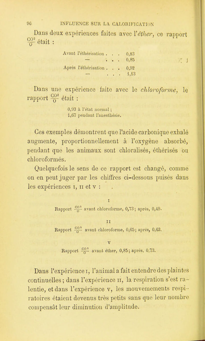 Dans deux expériences faites avec Y éther, ce rapport était : Avant l’éthérisation . . . 0,83 — ... 0,85 J Après l'éthérisation . . . 0,92 — ... 1,13 Dans une expérience faite avec le chloroforme, le CQ2 rapport -g- était : 0,93 à l’état normal ; 1,67 pendant l’anesthésie. Ces exemples démontrent que l’acide carbonique exhalé augmente, proportionnellement à l’oxygène absorbé, pendant que les animaux sont chloralisés, éthérisés ou chloroformés. Quelquefois le sens de ce rapport est changé, comme on en peut juger par les chiffres ci-dessous puisés dans les expériences i, u et v : i Rapport avant chloroforme, 0,73 ; après, 0,49. II Rapport avant chloroforme, 0,65; après, 0,63. v Rapport avant éther, 0,85; après, 0,73. Dans l’expérience i, l’animal a fait entendre des plaintes continuelles ; dans l’expérience n, la respiration s’est ra- lentie, et dans l’expérience v, les mouvemements respi- ratoires étaient devenus très petits sans que leur nombre compensât leur diminution d’amplitude.