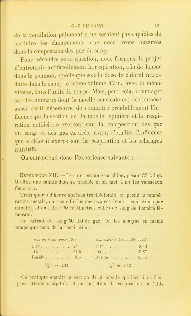 de la ventilation pulmonaire ne seraient pas capables de produire les changements que nous avons observés dans la composition des gaz du sang. Pour résoudre cette question, nous formons le projet d’entretenir artificiellement la respiration, afin de lancer dans le poumon, quelle que soit la dose de chloral intro- duite dans le sang, le même volume d’air, avec la même vitesse, dans l’unité de temps. Mais, pour cela, ilfautagir sur des animaux dont la moelle cervicale est sectionnée; aussi est-il nécessaire de connaître préalablement l’in- fluence que la section de la moelle épinière et la respi- ration artificielle exercent sur la composition des gaz du sang et des gaz expirés, avant d’étudier l’influence que le chloral exerce sur la respiration et les échanges nutritifs. On entreprend donc l’expérience suivante : Expérience XII. — Le sujet est un gros chien, pesant 33 ldlog. On fixe une canule dans sa trachée et on met à n i les vaisseaux fémoraux. Trois quarts d’heure après la trachéotomie, on prend la tempé- rature rectale, on recueille les gaz expirés (vingt respirations par minute), et on retire 20 centimètres cubes de sang de l’artère fé- morale. On extrait du sang 50 0/0 de gaz. On les analyse en même temps que ceux de la respiration. GAZ nu SANG (pour 100) CO* 25 0 21,5 Résidu 3.5 co- o = 1,11 GAZ EXPIRÉS (POUR 100 VOL.) CO* 8,46 0 15,87 Résidu 75,66 co- o 1,72 Ou pratique ensuite la section de la moelle épinière dans l’es- j ace atloïdo-occipital, et on entretient la respiration, à l’aide