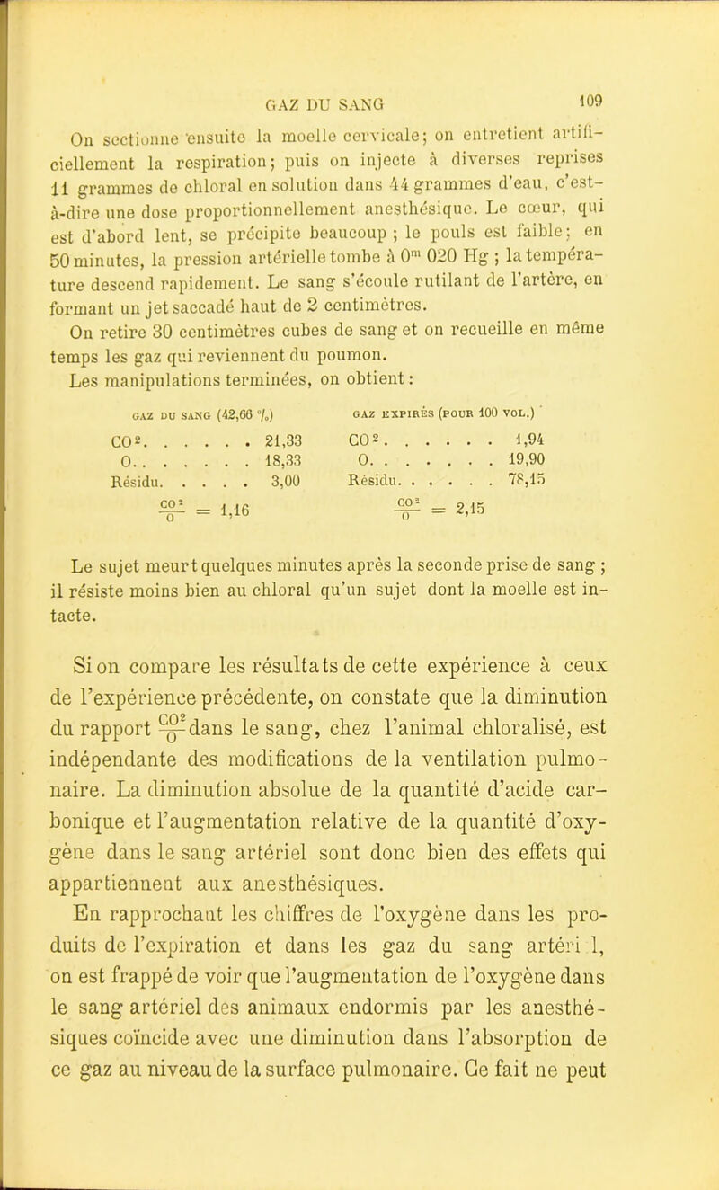 On sectionne'ensuite la moelle cervicale; on entretient artifi- ciellement la respiration; puis on injecte à diverses reprises 11 grammes do chloral en solution dans 44 grammes d’eau, c’est- à-dire une dose proportionnellement anesthésique. Le cœur, qui est d’abord lent, se précipite beaucoup ; le pouls est faible; en 50 minutes, la pression artérielle tombe à0m 020 Hg ; la tempéra- ture descend rapidement. Le sang s’écoule rutilant de l’artère, en formant un jet saccadé haut de 2 centimètres. On retire 30 centimètres cubes de sang et on recueille en même temps les gaz qui reviennent du poumon. Les manipulations terminées, on obtient : GAZ DO SANG (42,66 %) GAZ EXPIRES (POUR 100 VOL.) C02 21,33 CO 2 1,94 0 18,33 0 19,90 Résidu 3,00 Résidu 78,15 = L16 = 2,15 Le sujet meurt quelques minutes après la seconde prise de sang ; il résiste moins bien au chloral qu’un sujet dont la moelle est in- tacte. Si on compare les résultats de cette expérience à ceux de l’expérience précédente, on constate que la diminution du rapport dans le sang, chez l’animal cliloralisé, est indépendante des modifications delà ventilation pulmo- naire. La diminution absolue de la quantité d’acide car- bonique et l’augmentation relative de la quantité d’oxy- gène dans le sang artériel sont donc bien des effets qui appartiennent aux anesthésiques. En rapprochant les chiffres de l’oxygène dans les pro- duits de l’expiration et dans les gaz du sang artéri 1, on est frappé de voir que l’augmentation de l’oxygène dans le sang artériel des animaux endormis par les anesthé - siques coïncide avec une diminution dans l'absorption de ce gaz au niveau de la surface pulmonaire. Ce fait ne peut