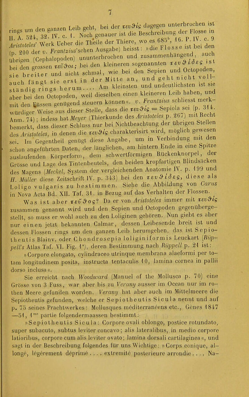 r -1 ui Kai Apr TFvS^LC dageeen unierbrochen ist —l^^'^-Sh^ntÄ^^^^ l^en Cephalopodcn) ununterbrochen und -----h^/-/,;;^,'^, bei den grossen Tsv^oi; bei den kleineren sogenannten ^^^^^f >st s breiter und nicht schmal, wie bei den Sep.en und Octopod n, ' Pinat Sie erst in der Mitte an, und geht nicht voll- :und g Hng herum.... Am kleinsten und undeutlichsten ist s.e aLr bei den Octopoden, weil dieselben einen kleineren Le.b haben, und ni den Süssen genügend steuern können«. W.^u. schhess merk- vv rdLer Weise aus dieser Stelle, dass die tbv&Is = Sepiola sei (p. 314. 74 Idess hat Meyer (Thierkunde des Aristoteles p. 267) m.t Recht bemerkt dass dieser Schluss nur bei Nichtbeachtung der übrigen Stellen d^s Aristoteles, in denen die revMs charakterisirt wird, möglich gewesen sei. Im'Gegentheil genügt diese Angabe, um in Verbindung nut den schon angeführten Daten, der länglichen, am hintern Ende in eine Spitze auslaufenden Körperform, dem schwertförmigen Rückenknorpel, der Grösse und Lage des Tintenbeutels, den beiden kropfarligen Blindsäcken des Maoens [Meckel, System der vergleichenden Anatomie IV. p. 1 99 und // MüÜer diese Zeitschrift IV. p. 343) bei den xev&ideg, diese als Loligo vulgaris zu bestimmen. Siehe die Abbildung von Carus in Nova Acta Bd. XII. Taf. 31. in Bezug auf das Verhalten der Flossen. ^ Was ist aber XEvd-ogl Da er von Aristoteles immer mit xevd-Lg zusammen genannt wird und den Sepien und Octopoden gegenüberge- stellt, so muss er wohl auch zu den Loliginen gehören. Nun giebt es aber nur einen jetzt bekannten Galmar, dessen Leibesende breit ist und dessen Flossen rings um den ganzen Leib herumgehen, das ist Sepio- iheutis Blainv. oder Chondrosepia 1 ol igin i f o r mis Leuckart [Rüp- pell's Atlas Taf. VI. Fig. V), deren Bestimmung nach Rüppell p. 21 ist: »Corpore elongato, cylindraceo utrinque membrana alaeformi per to- tam longiludinem posita, instructa tentacuiis 10, lamina cornea in pallii dorso inclusa «. Sie erreicht nach Woodward (Manuel of the Mollusca p. 70) eine Grösse von 3 Fuss, war aber bis zu Verany ausser im Ocean nur im ro- then Meere gefunden worden. Verany hat aber auch im Mittelmeere die Sepiolheutis gefunden, welche er Sepiotheutis Sicula nennt und auf p. 75 seines Prachlwerkes: Mollusques mediterraneens etc., Genes 1847 —51, 1^ parlie folgendermaassen bestimmt: »Sepiotheutis Sicula: Corpore ovali oblonge, postice rotundalo, super subacuto, subtus leviler concavo; alis lateralibus, in medio corpore latioribus, corpore cum alis leviter ovato; lamina dorsali cartilaginea «, und sagt in der Beschreibung folgendes für uns Wichtige: »Corps conique, ai- longe, legeremenl döprinie .... extremite postcrieure arrondie.. .. Na-