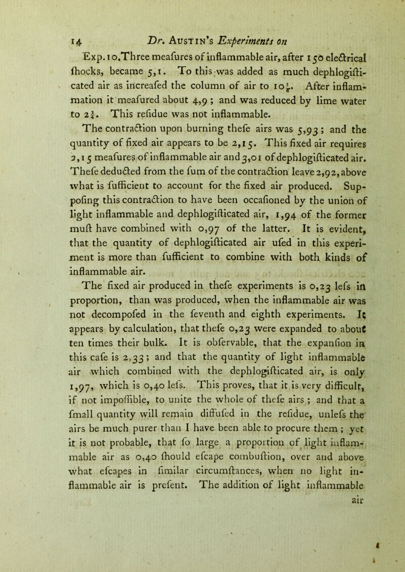 Exp. i o.Three meafures of inflammable air, after 156 electrical fhocks, became 5,1. To this was added as much dephlogifti- cated air as increafed the column of air to io§., After inflam- mation it meafured about 4,9 ; and was reduced by lime water to 2|. This refidue was not inflammable. The contraction upon burning thefe airs was 5,93 ; and the quantity of fixed air appears to be 2,15. This fixed air requires 3,15 meafures of inflammable air and3,01 of dephlogifticated air. Thefe deducted from the fum of the contraction leave 2,92, above what is fufficient to account for the fixed air produced. Sup- pofing this contraction to have been occafioned by the union of light inflammable and dephlogifticated air, 1,94 of the former muft have combined with 0,97 of the latter. It is evident, that the quantity of dephlogifticated air ufed in this experi- ment is more than fufficient to combine with both kinds of inflammable air. The fixed air produced in thefe experiments is 0,23 lefs in. proportion, than was produced, when the inflammable air was not decompofed in the feventh and eighth experiments. It appears by calculation, that thefe 0,23 were expanded to about ten times their bulk. It is obfervable, that the expanfion in this cafe is 2,33; and that the quantity of light inflammable air which combined with the dephlogifticated air, is only 1,97, which is 0,40 lels. This proves, that it is very difficult, if not impolfible, to unite the whole of thefe airs ; and that a fmall quantity will remain diffufed in the refidue, unlefs the airs be much purer than I have been able to procure them ; yet it is not probable, that fo large a proportion of light inflam- mable air as 0,40 fhould efcape combuftion, over and above what efcapes in fimilar circumftances, when no light in- flammable air is prefent. The addition of light inflammable air 1 t