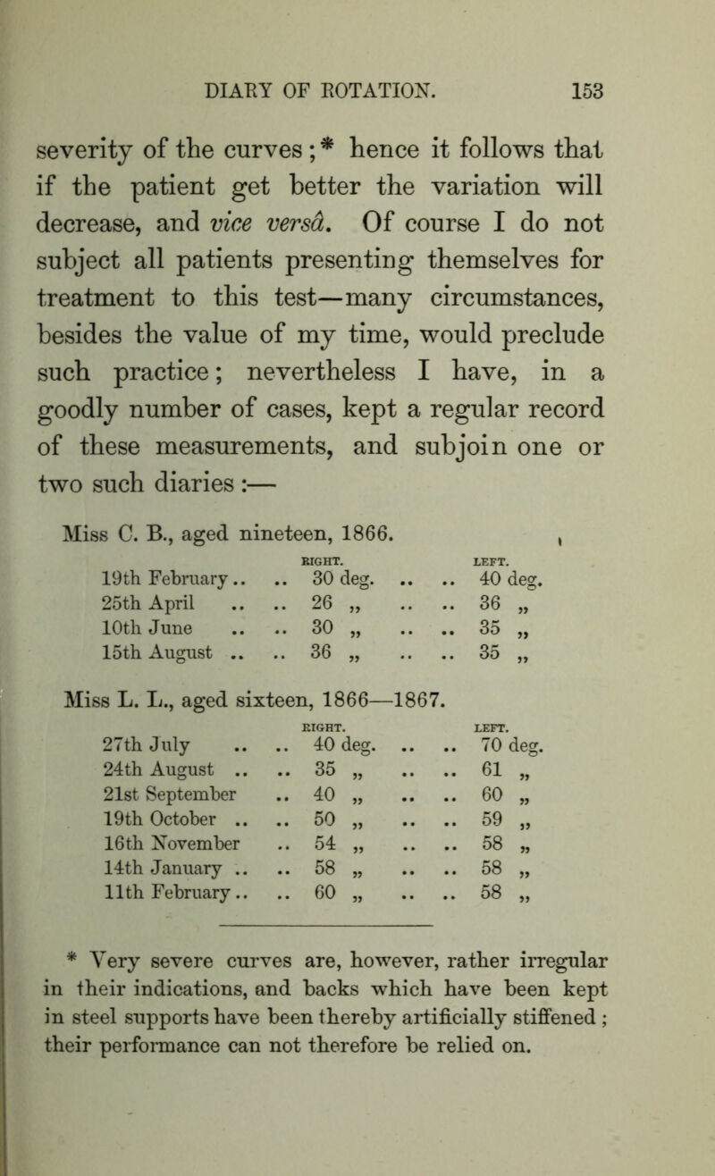 severity of the curves; * hence it follows that if the patient get better the variation will decrease, and vice versd. Of course I do not subject all patients presenting themselves for treatment to this test—many circumstances, besides the value of my time, would preclude such practice; nevertheless I have, in a goodly number of cases, kept a regular record of these measurements, and subjoin one or two such diaries :— Miss C. B., aged nineteen, 1866. 19 th February.. SIGHT. .. 30 deg LEFT. 40 deg. 25th April .. 26 „ .. .. 36 „ 10th June .. 30 „ .. .. 35 „ 15th August .. .. 36 „ .. .. 35 „ Miss L. L., aged sixteen, 1866—1867. RIGHT. LEFT. 27 th J uly .. 40 deg 70 deg. 24th August .. .. 35 „ .. .. 61 „ 21st September .. 40 „ .. .. 60 „ 19 th October .. .. 50 „ .. .. 59 „ 16th November .. 54 „ .. .. 58 „ 14th January .. .. 58 „ .. .. 58 „ 11th February.. .. 60 „ .. .. 58 „ * Very severe curves are, however, rather irregular in their indications, and backs which have been kept in steel supports have been thereby artificially stiffened ; their performance can not therefore be relied on.