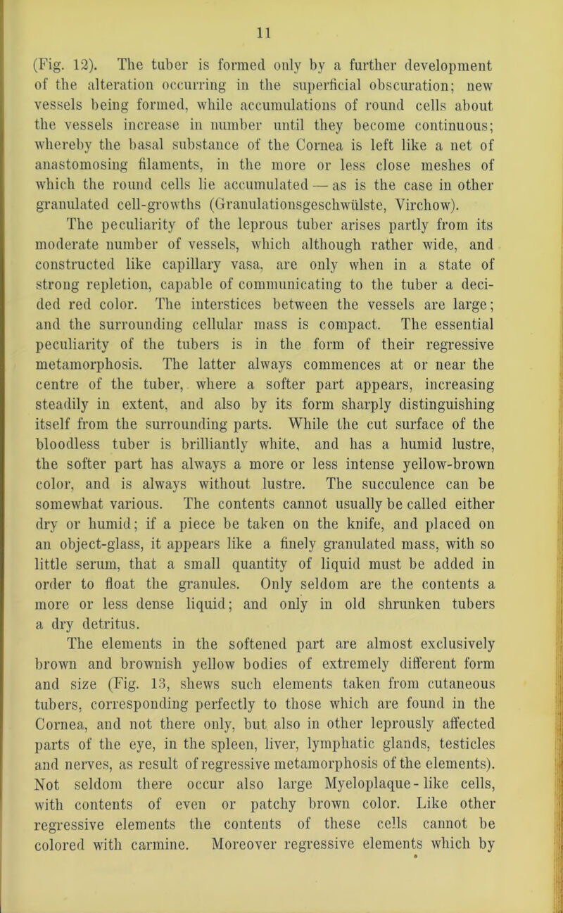 (Fig. 12). The tuber is formed only by a further development of the alteration occurring in the superficial obscuration; new vessels being formed, while accumulations of round cells about the vessels increase in number until they become continuous; whereby the basal substance of the Cornea is left like a net of anastomosing filaments, in the more or less close meshes of which the round cells lie accumulated — as is the case in other granulated cell-growths (Granulationsgeschwiilste, Virchow). The peculiarity of the leprous tuber arises partly from its moderate number of vessels, which although rather wide, and constructed like capillary vasa, are only when in a state of strong repletion, capable of communicating to the tuber a deci- ded red color. The interstices between the vessels are large; and the surrounding cellular mass is compact. The essential peculiarity of the tubers is in the form of their regressive metamorphosis. The latter always commences at or near the centre of the tuber, where a softer part appears, increasing steadily in extent, and also by its form sharply distinguishing itself from the surrounding parts. While the cut surface of the bloodless tuber is brilliantly white, and has a humid lustre, the softer part has always a more or less intense yellow-brown color, and is always without lustre. The succulence can be somewhat various. The contents cannot usually be called either dry or humid; if a piece be taken on the knife, and placed on an object-glass, it appears like a finely granulated mass, with so little serum, that a small quantity of liquid must be added in order to float the granules. Only seldom are the contents a more or less dense liquid; and only in old shrunken tubers a dry detritus. The elements in the softened part are almost exclusively brown and brownish yellow bodies of extremely different form and size (Fig. 13, shews such elements taken from cutaneous tubers, corresponding perfectly to those which are found in the Cornea, and not there only, but also in other leprously affected parts of the eye, in the spleen, liver, lymphatic glands, testicles and nerves, as result of regressive metamorphosis of the elements). Not seldom there occur also large Myeloplaque-like cells, with contents of even or patchy brown color. Like other regressive elements the contents of these cells cannot be colored with carmine. Moreover regressive elements which by