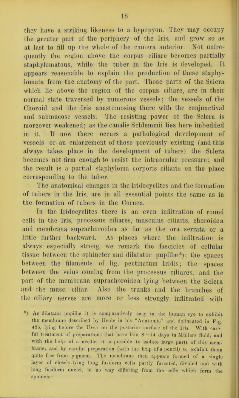 they have a striking likeness to a hypopyon. They may occupy the greater part of the periphery of the Iris, and grow so as at last to fill up the whole of the camera anterior. Not unfre- quently the region above the corpus ciliare becomes partially staphylomatous, while the tuber in the Iris is developed. It appears reasonable to explain the production of these staphy- lomata from the anatomy of the part. Those parts of the Sclera which lie above the region of the corpus ciliare, are in their normal state traversed by numerons vessels; the vessels of the Choroid and the Iris anastomosing there with the conjunctival and submucose vessels. The resisting power of the Sclera is moreover weakened; as the canalis Schlemmii lies here imbedded in it. If now there occurs a pathological development of vessels, or an enlargement of those previously existing (and this always takes place in the development of tubers) the Sclera becomes not firm enough to resist the intraocular pressure; and the result is a partial staphyloma corporis ciliaris on the place corresponding to the tuber. The anatomical changes in the Iridocyclites and the formation of tubers in the Iris, are in all essential points the same as in the formation of tubers in the Cornea. In the Iridocyclites there is an even infiltration of round cells in the Iris, processus ciliares, musculus ciliaris, choroidea and membrana suprachoroidea as far as the ora serrata or a little further backward. As places where the infiltration is always especially strong, we remark the fascicles of cellular tissue between the sphincter and dilatator pupillae*); the spaces between the filaments of lig. pectinatum Iridis; the spaces between the veins coming from the processus ciliares, and the part of the membrana suprachoroidea lying between the Sclera and the muse, ciliar. Also the trunks and the branches of the ciliary nerves are more or less strongly infiltrated with *) As dilatator pupillse it .is comparatively easy in the human eye to exhibit the membrane described by Hcule in his “Anatomie” and delineated in Fig. 485, lying before the Uvea on the posterior surface of the Iris. With care- ful treatment of preparations that have lain 8 — 14 days in Mullers fluid, and with the help of a needle, it is possible to isolate large parts of this mem- brane; and by careful preparation (with the help of a pencil) to exhibit them quite free from pigment. The membrane then appears formed of a single layer of closely-lying long fusiform cells partly furcated, divided and with long fusiform nuclei, in no way differing from the cells which form the sphincter.