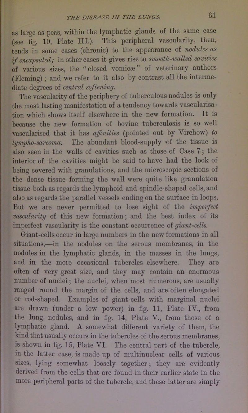 as large as peas, within the lymphatic glands of the same case (see fig. 10, Plate III.). This peripheral vascularity, then, tends in some cases (chronic) to the appearance of nodules as if encapsuled; in other cases it gives rise to smooth-ioalled cavities of various sizes, the “ closed vomiccB ” of veterinary authors (Fleming); and we refer to it also by contrast all the interme- diate degrees of central softening. The vascularity of the periphery of tuberculous nodules is only the most lasting manifestation of a tendency towards vascularisa- tion which shows itself elsewliere in the new formation. It is because the new formation of bovine tuberculosis is so well vascularised that it has afinities (pointed out by Virchow) to lymphosarcoma. The abundant blood-supply of the tissue is also seen in the walls of cavities such as those of Case 7; the interior of the cavities might be said to have had the look of being covered with granulations, and the microscopic sections of the dense tissue forming the wall were quite like granulation tissue botli as regards the lymphoid and spindle-shaped cells, and also as regards the parallel vessels ending on the surface in loops. But we are never permitted to lose sight of the imperfect vascularity of this new formation; and the best index of its imperfect vascularity is the constant occurrence of giant-cells. Giant-cells occur in large numbers in the new formations in all situations,—in the nodules on the serous membranes, in the nodules in the lymphatic glands, in the masses in the lungs, and in the more occasional tubercles elsewhere. They are often of very great size, and they may contain an enunnous number of nuclei; the nuclei, when most numerous, are usually ranged round the margin of the cells, and are often elongated or rod-shaped. Examples of giant-cells with marginal nuclei are drawn (under a low power) in fig. 11, Plate IV., from the lung nodules, and in fig. 14, Plate V., from those of a lymphatic gland. A somewhat different variety of them, the kind that usually occurs in the tubercles of the serous membranes, is shown in fig. 15, Plate VI. The central part of the tubercle, in the latter case, is made up of niultinuclear cells of various sizes, lying somewhat loosely together; they are evidently derived from the cells that are found in their earlier state in the more peripheral parts of the tubercle, and these latter are simply