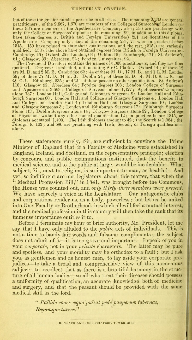 but of these the greater number prescribe in all cases. The remaining $$6*2 are general practitioners; of the 2,567, 1,670 are members of the College of Surgeon^f London (of these 935 are members of the Apothecaries Company, also; 536 are practising with only the College of Surgeons’ diploma ; the remaining 199, in addition to this diploma, have taken degrees at British and Foreign Universities) 251 are licentiates of the Apothecaries Company only ; and of tlie remaining 281, 71 were in practice before 1815. 150 have refused to state their qualifications, and the rest, (215,) are variously qualified. 538 of the above have obtained degrees from British or Foreign Universities. Cambridge, 46 ; Oxford, 26; London, 63; Dublin, 18 ; Edinburgh, 171; St. Andrew’s, 61; Glasgow, 39 ; Aberdeen, 22 ; Foreign Universities, 92. The Provincial Directory contains the names of 8,380 practitioners, and they are thus qualified. Degrees : Lambeth 4, not including Sir C. Clarke. Oxford 14 ; of these 12 are M. D. and 2 M. B. Cambridge 62 ; 44 of these M. D., 17 M. B., and 1 L. M. London 59; of these 25 M. D., 34 M. B. Dublin 24 ; of these M. D. 14, M. B. 9, L. K. and Q. C. 1. Edinburgh 535; and 211 of these possess no other qualification. St. Andrew’s 118; Glasgow 99; Aberdeen 64; Foreign degrees 103; London College of Surgeons and Apothecaries 3,698; College of Surgeons alone 1,127; Apothecaries’Company alone 787 ; London Hall, College and Edinburgh Surgeons 9; London Hall and Edin- burgh Surgeons 60 ; London Hall and College and Glasgow Surgeons 4 ; London Hall and College and Dublin Hall 4 ; London Hall and Glasgow Surgeons 10 ; London and Glasgow Surgeons 3 ; London and Edinburgh Surgeons 17 ; Edinburgh Surgeons alone 113; Dublin Surgeons alone 14; Glasgow Surgeons alone 32 ; London College of Physicians without any other named qualification 12 ; in practice before 1815, or diplomas not stated, 1,408. The Irish diplomas amount to 42; the Scotch to 1,064 ; the Foreign to 103; and 596 are practising with Irish, Scotch, or Foreign qualifications alone. These statements surely, Sir, are sufficient to convince the Prime Minister of England that if a Faculty of Medicine were established in England, Ireland, and Scotland, on the representative principle; election by concours, and public examinations instituted, that the benefit to medical science, and to the public at large, would be incalculable. What subject, Sir, next to religion, is so important to man, as health ? And yet, so indifferent are our legislators about this matter, that when the j “ Medical Profession Bill,” in 1841, was brought before the Commons, the House was counted out, and only thirty-three members were present. We have scarcely a voice in the Legislature. Our antagonistic clubs and corporations render us, as a body, powerless; but let us be united into One Faculty or Brotherhood, in which all will feel a mutual interest, and the medical profession in this country will then take the rank that its immense importance entitles it to. Before I terminate my hour of brief authority, Mr. President, let me say that I have only alluded to the public acts of individuals. This is not a time to bandy fair words and fulsome compliments ; the subject does not admit of it—it is too grave and important. I speak of you in your corporate, not in your private characters. The latter may be pure and spotless, and your morality may be orthodox to a fault; but I ask you, as gentlemen and as honest men, to lay aside your corporate pre- judices—to take a broad and comprehensive view of this momentous subject—to recollect that as there is a beautiful harmony in the struc- ture of all human bodies—so all who treat their diseases should possess a uniformity of qualification, an accurate knowledge both of medicine and surgery, and that the peasant should be provided with the same medical skill as the lord. “ Pallida mors cequo pulsat pede pauperum tabernas, Regumque turresP H. TEAPE AND SON, PRINTERS, TOWER-HILT,.