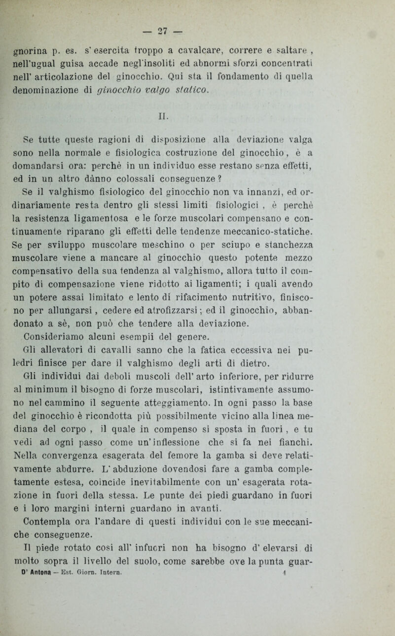 gnorina p. es. s’ esercita troppo a cavalcare, correre e saltare , nell’ugual guisa accade negl'insoliti ed abnormi sforzi concentrati nell’ articolazione del ginocchio. Qui sta il fondamento di quella denominazione di ginocchio valgo statico. II. Se tutte queste ragioni di disposizione alla deviazione valga sono nella normale e fisiologica costruzione del ginocchio, è a domandarsi ora: perchè in un individuo esse restano senza effetti, ed in un altro dànno colossali conseguenze? Se il valghismo fisiologico del ginocchio non va innanzi, ed or- dinariamente resta dentro gli stessi limiti fisiologici , è perchè la resistenza ligamentosa e le forze muscolari compensano e con- tinuamente riparano gli effetti delle tendenze meccanico-statiche. Se per sviluppo muscolare meschino o per sciupo e stanchezza muscolare viene a mancare al ginocchio questo potente mezzo compensativo della sua tendenza al valghismo, allora tutto il com- pito di compensazione viene ridotto ai ligamenti; i quali avendo un potere assai limitato e lento di rifacimento nutritivo, finisco- no per allungarsi, cedere ed atrofizzarsi; ed il ginocchio, abban- donato a sè, non può che tendere alla deviazione. Consideriamo alcuni esempii del genere. Gli allevatori di cavalli sanno che la fatica eccessiva nei pu- ledri finisce per dare il valghismo degli arti di dietro. Gli individui dai deboli muscoli dell’ arto inferiore, per ridurre al minimum il bisogno di forze muscolari, istintivamente assumo- no nel cammino il seguente atteggiamento. In ogni passo la base del ginocchio è ricondotta più possibilmente vicino alla linea me- diana del corpo , il quale in compenso si sposta in fuori, e tu vedi ad ogni passo come un’inflessione che si fa nei fianchi. Nella convergenza esagerata del femore la gamba si deve relati- vamente abdurre. L' abduzione dovendosi fare a gamba comple- tamente estesa, coincide inevitabilmente con un’ esagerata rota- zione in fuori della stessa. Le punte dei piedi guardano in fuori e i loro margini interni guardano in avanti. Contempla ora l’andare di questi individui con le sue meccani- che conseguenze. Il piede rotato cosi all' infuori non ha bisogno d’ elevarsi di molto sopra il livello del suolo, come sarebbe ove la punta guar- D’ Antona — Est. Giorn. Intera. 4