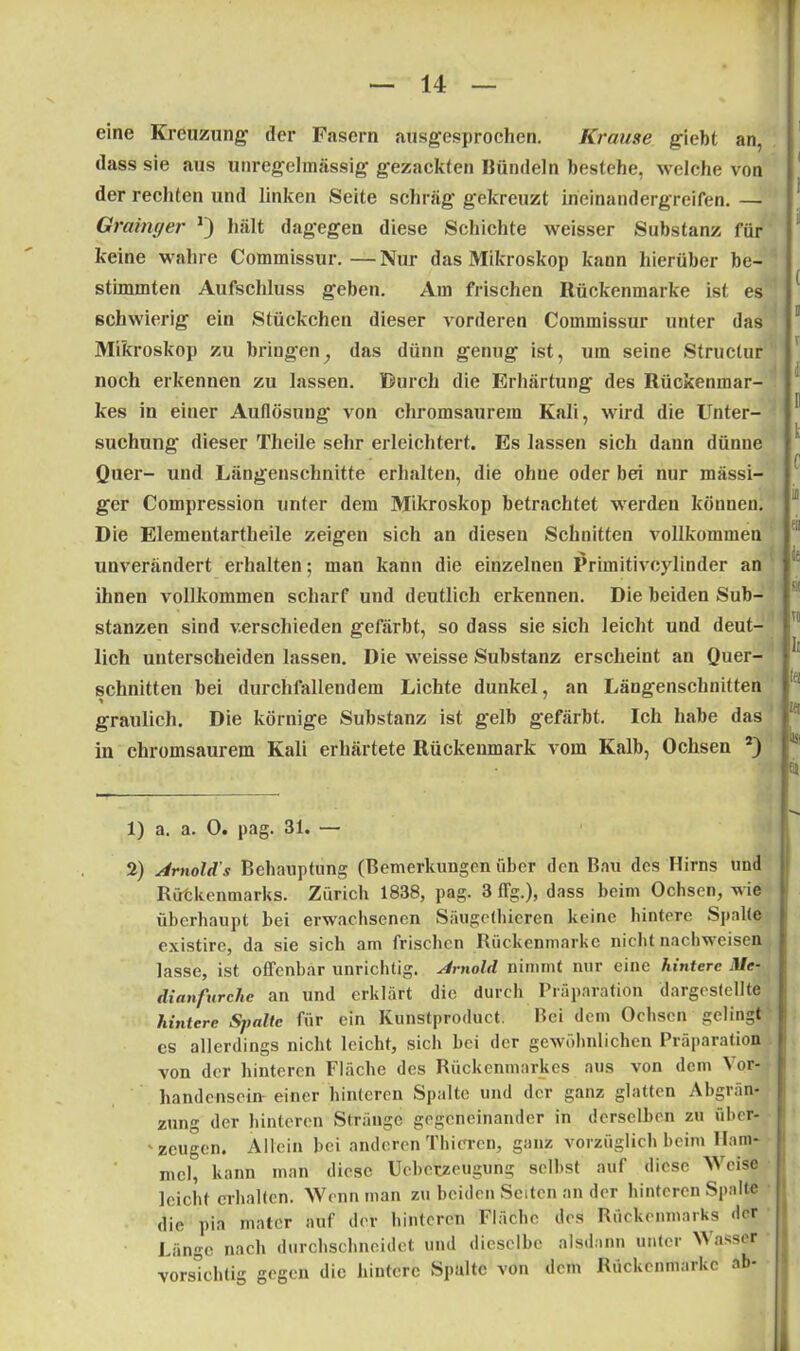 eine Kreuzung’ der Fasern ausgesprochen. Krause giebt an, dass sie aus unregelmässig gezackten Bändeln bestehe, welche von der rechten und linken Seite schräg gekreuzt ineinandergreifen. — Grainger hält dagegen diese Schichte weisser Substanz für keine wahre Commissur.—Nur das Mikroskop kann hierüber be- stimmten Aufschluss geben. Am frischen Rückenmarke ist es schwierig ein Stückchen dieser vorderen Commissur unter das Mikroskop zu bringen} das dünn genug ist, um seine Struclur noch erkennen zu lassen. Durch die Erhärtung des Rückenmar- kes in einer Auflösung von chromsaurem Kali, wird die Unter- suchung dieser Theile sehr erleichtert. Es lassen sich dann dünne Quer- und Längenschnitte erhalten, die ohne oder bei nur massi- ger Compression unter dem Mikroskop betrachtet werden können. Die Elementartheile zeigen sich an diesen Schnitten vollkommen unverändert erhalten; man kann die einzelnen Primitivcylinder an ihnen vollkommen scharf und deutlich erkennen. Die beiden Sub- stanzen sind verschieden gefärbt, so dass sie sich leicht und deut- lich unterscheiden lassen. Die weisse Substanz erscheint an Quer- schnitten bei durchfallendem Lichte dunkel, an Längenschuitten * ' graulich. Die körnige Substanz ist gelb gefärbt. Ich habe das in chromsaurem Kali erhärtete Rückenmark vom Kalb, Ochsen s) 1) a. a. 0. pag. 31. — 2) Arnolds Behauptung (Bemerkungen über den Bau des Hirns und Rütkenmarks. Zürich 1838, pag. 3 ffg.), dass beim Ochsen, wie überhaupt bei erwachsenen Säugethicren keine hintere Spalte existire, da sie sich am frischen Rückenmarke nicht nachweisen lasse, ist offenbar unrichtig. Arnold nimmt nur eine hintere Me- dianfurche an und erklärt die durch Präparation dargestellte hintere Spalte für ein Kunstproduct. Bei dem Ochsen gelingt cs allerdings nicht leicht, sich bei der gewöhnlichen Präparation von der hinteren Fläche des Rückenmarkes aus von dem Vor- handensein- einer hinteren Spalte und der ganz glatten Abgrän- zung der hinteren Stränge gegeneinander in derselben zu über- zeugen. Allein hei anderen Thicren, ganz vorzüglich beim Ham- mel, kann man diese Uebcrzeugung seihst auf diese Weise leicht erhalten. Wenn man zu beiden Seiten an der hinteren Spalte die pia matcr auf der hinteren Fläche des Rückenmarks der Länge nach durchschneidet und dieselbe alsdann unter Wasser vorsichtig gegen die hintere Spalte von dem Rückenmai kc ab