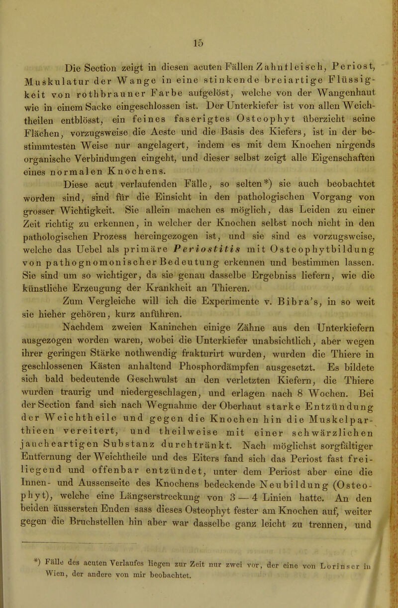 Die Section zeigt in diesen acuten Fällen Zahnfleisch, Periost, Muskulatur der Wange in eine stinkende breiartige Flüssig- keit von rothbrauner Farbe aufgelöst, welche von der Wangenhaut wie in einem Sacke eingeschlossen ist. Der Unterkiefer ist von allen Weich- theilen entblösst, ein feines faserigtes Osteophyt überzieht seine Flächen, vorzugsweise die Aeste und die Basis des Kiefers, ist in der be- stimmtesten Weise nur angelagert, indem es mit dem Knochen nirgends organische Verbindungen eingeht, und dieser selbst zeigt alle Eigenschaften eines normalen Knochens. Diese acut verlaufenden Fälle, so selten *) sie auch beobachtet worden sind, sind für die Einsicht in den pathologischen Vorgang von grosser Wichtigkeit. Sie allein machen es möglich, das Leiden zu einer Zeit richtig zu erkennen, in welcher der Knochen selbst noch nicht in den pathologischen Prozess hereingezogen ist, und sie sind es vorzugsweise, welche das Uebel als primäre Periostitis mit Osteophytbildung von pathognomonischer Bedeutung erkennen und bestimmen lassen. Sie sind um so wichtiger, da sie genau dasselbe Ergebniss liefern, wie die künstliche Erzeugung der Krankheit an Thieren. Zum Vergleiche will ich die Experimente v. Bibra’s, in so weit sie hieher gehören, kurz anführen. Nachdem zweien Kaninchen einige Zähne aus den Unterkiefern ausgezogen worden waren, wobei die Unterkiefer unabsichtlich, aber wegen ihrer geringen Stärke nothwendig frakturirt wurden, wurden die Thiere in geschlossenen Kästen anhaltend Phosphordämpfen ausgesetzt. Es bildete sich bald bedeutende Geschwulst an den verletzten Kiefern, die Thiere wurden traurig und niedergeschlagen, und erlagen nach 8 Wochen. Bei der Section fand sich nach Wegnahme der Oberhaut starke Entzündung der Weichtheile und gegen die Knochen hin die Muskelpar- thieen vereitert, und theil weise mit einer schwärzlichen jaucheartigen Substanz durchtränkt. Nach möglichst sorgfältiger Entfernung der Weichtheile und des Eiters fand sich das Periost fast frei- liegend und offenbar entzündet, unter dem Periost aber eine die Innen- und Aussenseite des Knochens bedeckende Neubildung (Osteo- phyt), welche eine Längserstreckung von 3 — 4 Linien hatte. An den beiden äussersten Enden sass dieses Osteophyt fester am Knochen auf, weiter gegen die Bruchstellen hin aber war dasselbe ganz leicht zu trennen, und *) Fälle des acuten Verlaufes liegen zur Zeit nur zwei vor, der eine von Lori ns er in Wien, der andere von mir beobachtet.