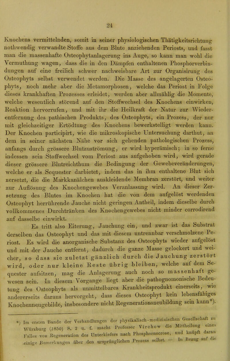 Knochens vermittelnden, somit in seiner physiologischen Thätigkeitsrichtung nothwendig verwandte Stoffe aus dem Blute anziehenden Periosts, und fasst man die massenhafte Osteophytanlagerung ins Auge, so kann man wohl die Vermuthung wagen, dass die in den Dämpfen enthaltenen Phosphorverbin- dungen auf eine freilich schwer nachweisbare Art zur Organisirung des Osteophyts selbst verwendet werden. Die Masse des angelagerten Osteo- phyts, noch mehr aber die Metamorphosen, welche das Periost in Folge dieses krankhaften Prozesses erleidet, werden aber allmählig die Momente, welche wesentlich störend auf den Stoffwechsel des Knochens einwirken, Reaktion hervorrufen, und mit ihr die Heilkraft der Natur zur Wieder- entfernung des pathischen Produkts, des Osteophyts, ein Prozess, der nur mit gleichzeitiger Ertödtung des Knochens bewerkstelligt werden kann. Der Knochen participirt, wie die mikroskopische Untersuchung darthut, an dem in seiner nächsten Nähe vor sich gehenden pathologischen Prozess, anfangs durch grössere Blutzuströmung, er wird hyperämisch; in so ferne indessen sein Stoffwechsel vom Periost aus aufgehoben wird, wird gerade dieser grössere Blutreichthum die Bedingung der Gewebeveränderungen, welche er als Sequester darbietet, indem das in ihm enthaltene Blut sich zersetzt, die die Markkanälchen auskleidende Membran zerstört, und weiter zur Auflösung des Knochengewebes Veranlassung wird. An dieser Zer- setzung des Blutes im Knochen hat die von dem aufgelöst werdenden Osteophyt herrührende Jauche nicht geringen Antheil, indem dieselbe durch vollkommenes Durchtränken des Knochengewebes nicht minder corrodirend auf dasselbe einwirkt. Es tritt also Eiterung, Jauchung ein, und zwar ist das Substrat derselben das Osteophyt und das mit diesem untrennbar verschmolzene Pe- riost. Es wird die anorganische Substanz des Osteophyts wieder aufgelöst und mit der Jauche entfernt, dadurch die ganze Masse gelockert und wei- cher, so dass sie zuletzt gänzlich durch die Jauchung zerstört wird, oder nur kleine Reste übrig bleiben, welche auf dem Se- quester aufsitzen, mag die Anlagerung auch noch so massenhaft ge wesen sein. In diesem Vorgänge liegt aber die pathognomonische Bedeu- tung des Osteophyts als unmittelbares Krankheitsprodukt, einerseits, wie andererseits daraus hervorgeht, dass dieses Osteophyt kein lebensfähiges Knochenneugebilde, insbesondere nicht Regenerationsneubildung sein kann ). *) Im ersten Bande der Verhandlungen der physikalisch-medizinischen Gesellschaft zu Würzburg (.1850) S. 2 u. f. macht Professor Virchow die Mittheilung eures Falles von Regeneration des Unterkiefers nach Phosphornocrose, und knüpft daran einige .Bemerkungen über den ursprünglichen Prozess selbst. — In Bezug au