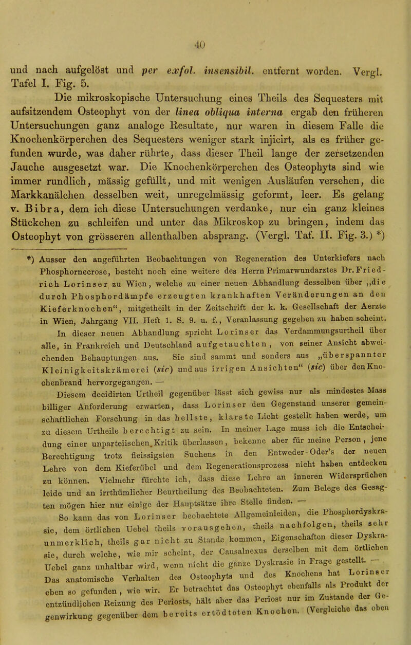 und nach aufgelöst und per exfol. insensibil. entfernt worden. Vergl. Tafel I. Fig. 5. Die mikroskopische Untersuchung eines Theils des Sequesters mit aufsitzendem Osteophyt von der linea obliqua interna ergab den früheren Untersuchungen ganz analoge Resultate, nur waren in diesem Falle die Knochenkörperchen des Sequesters weniger stark injicirt, als es früher ge- funden wurde, was daher rührte, dass dieser Theil lange der zersetzenden Jauche ausgesetzt war. Die Knochenkörperchen des Osteophyts sind wie immer rundlich, massig gefüllt, und mit wenigen Ausläufen versehen, die Markkanälchen desselben weit, unregelmässig geformt, leer. Es gelang v. Bibra, dem ich diese Untersuchungen verdanke, nur ein ganz kleines Stückchen zu schleifen und unter das Mikroskop zu bringen, indem das Osteophyt von grösseren allenthalben absprang. (Vergl. Taf. II. Fig. 3.) *) *) Auaser den angeführten Beobachtungen von Regeneration dea Unterkiefers nach Phosphornecrose, besteht noch eine weitere des Herrn Primarwundarztes Dr.Fried- rich Lorinser zu Wien, welche zu einer neuen Abhandlung desselben über „die durch Phosphordämpfe erzeugten krankhaften Veränderungen an den Kieferknochen“, mitgetheilt in der Zeitschrift der k. k. Gesellschaft der Aerzte in Wien, Jahrgang VII. Heft 1. S. 9. u. f., Veranlassung gegeben zu haben scheint. In dieser neuen Abhandlung spricht Lorinser das Verdammungsurtheil über alle, in Frankreich und Deutschland aufgetauchten, von seiner Ansicht abwei- chenden Behauptungen aus. Sie sind sammt und sonders aus „überspanntci Kleinigkeitskrämerei (sic) undaus irrigen Ansichten“ (sic) über denKno- chenbrand hervorgegangen. — Diesem decidirten Urtheil gegenüber lässt sich gewiss nur als mindestes Mass billiger Anforderung erwarten, dass Lorinser den Gegenstand unserer gemein- schaftlichen Forschung in das hellste, klarste Licht gestellt haben werde, um zu diesem Urtheile berechtigt zu sein. In meiner Lage muss ich die Entschei- dung einer unparteiischen.Kritik überlassen, bekenne aber für meine Person, jene Berechtigung trotz fleissigsten Suchens in den Entweder-Oder’s der neuen Lehre von dem Kieferübel und dem Regenerationsprozess nicht haben entdecken zu können. Vielmehr fürchte ich, dass diese Lehre an inneren Widersprüchen leide und an irrtümlicher Beurteilung des Beobachteten. Zum Belege des Gesag- ten mögen hier nur einige der Hauptsätze ihre Stelle finden. — So kann das von Lorinser beobachtete Allgemeinleiden, die Phosphordyskra- sic, dem örtlichen Ucbel theils vorausgehen, theils nachfolgen, teils sc ir unmerklich, theils gar nicht zu Stande kommen, Eigenschaften dieser Dyskra- Bie, durch welche, wie mir scheint, der Causalnexus derselben mit dem örtlichen Uebcl ganz unhaltbar wird, wenn nicht die ganze Dyskrasie in Frage gestellt. Das anatomische Verhalten des Osteophyts und des Knochens hat eben so gefunden , wie wir. Er betrachtet das Osteophyt ebenfalls als Produkt der entzündlichen Reizung des Periosts, hält aber das l'enost nur im ustan e °r T genwirkung gegenüber dem bereits ortödteten Knochen. (Vergleiche das oben