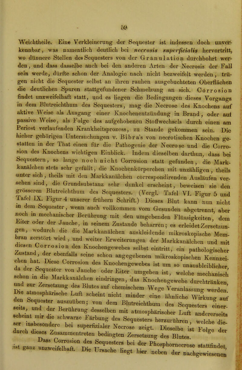 Weichtheile. Eine Verkleinerung der Sequester ist indessen doch unver- kennbar , was namentlich deutlich bei necrosis superficialis hervortritt, wo dünnere Stellen des Sequesters von der Granulation durchbohrt wer- den , und dass dasselbe auch bei den anderen Arten der Necrosis der Fall sein werde, dürfte schon der Analogie nach nicht bezweifelt werden, trü- gen nicht die Sequester selbst an ihren rauhen ausgebuchteten Oberflächen ■die deutlichen Spuren stattgefundener Schmelzung an sich. Corrosion findet unzweifelhaft statt, und es liegen die Bedingungen dieses Vorgangs in dem Blutreichthum des Sequesters, mag die Necrose des Knochens auf aktive Weise als Ausgang einer Knochenentzündung in Brand, oder auf passive Weise, als Folge des aufgehobenen Stoffwechsels durch einen am Periost verlaufenden Krankheitsprozess, zu Stande gekommen sein. Die hieher gehörigen Untersuchungen v. Bibras von necrotischen Knochen ge- statten in der That einen für die Pathogenie der Necrose und die Corro- sion des Knochens wichtigen Einblick. Indem dieselben darthun, dass bei Sequestern, so lange noch nicht Corrosion statt gefunden, die Mark- kanälchen stets sehr gefüllt, die Knochenkörperchen mit unzähligen , theils unter sich, theils mit den Markkanälchen correspondirenden Ausläufen ver- sehen sind, die Grundsubstanz sehr dunkel erscheint, beweisen sie den grösseren Blutreichthum des Sequesters. (Vergl. Tafel VI. Figur 5 und Tafel IX. Figur 4 unserer frühem Schrift.) Dieses Blut kann nun nicht m dem Sequester, wenn auch vollkommen vom Gesunden abgetrennt, aber noch m mechanischer Berührung mit den umgebenden Flüssigkeiten, dem i er oder der Jauche, in seinem Zustande beharren; es erleidet Zersetzun- gen, wodurch die die Markkanälchen auskleidende mikroskopische Mem- bran zerstört wird , und weiter Erweiterungen der Markkanälchen und mit diesen Corrosion des Knochengewebes selbst eintritt, ein pathologischer Zustand der ebenfalls seine schon angegebenen mikroskopischen Kennzei- chen hat. IW Corrosion des Knochengewebes ist um so unausbleiblicher, da der Sequester von Jauche oder Eiter umgeben ist, welche mechanisch schon ln die Markkanälchen eindringen, das Knochengewebe durchtränken und zur Zersetzung des Blutes auf chemischem Wege Veranlassung werden’ Die atmosphärische Luft scheint nicht minder eine ähnliche Wirkung aui aefts nid d6er 7^ ' JT Blutreichthum Sequesters einer- seits, und der Berührung desselben mit atmosphärischer Luft andererseits c eint mir die schwarze Färbung des Sequesters herzurühren, welche die - kl* - ....... äks