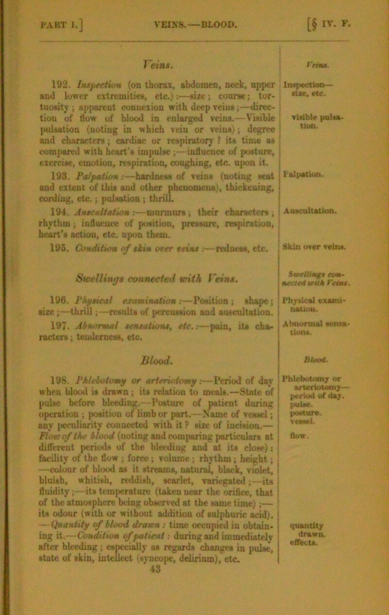 Veitut. 192. Inspection (on thorax, abdomen, neck, npper and lower extremities, etc.):—size; course; tor- tuosity i apparent connexion with deep reiiis-direc- tion of flow of blood in enlarged veins.—Visible pulsation (noting in which vein or veins); degree and characters; cardiac or respiratory ! its time at comiwrcd with heart’s impulse ;—influence of posture, fciercise, emotion, respiration, coughing, etc. upon it. 193. PalpeUion:—hardness of veins (noting seat and extent of this and other phenomena), thickening, cording, etc.; pulsation ; thrilL 194. Auscultation :—murmurs ; their charaetem ; rhythm; influence of position, pressure, respiration, heart's action, etc. upon then). 193. Condition of tkin over tein*:—redneas, etc. Swellings connected with f 'eins. 196. Physical examination:—Position; stu4>e; size;—thrill;—results of percussion and auscultation. 197. Abntyrmal sensations, etc.:—pain, its chv racters; tenderness, etc. Blood. 198. PAleiotomy or arieruitomy .■—Period of day when blood is drawn; its relation to meals.—State of pulse before bleeding.—Posture of patient during operation ; position of limb or part.—Name of vessel; any peculiarity connected with it ? size of incision.— Flow of the Hood (noting and comparing particulars at ditfereut periods of the bleeding and at its close): facility of the flow ; force; volume ; rhyThm; height; —colour of blood as it strean)s, natural, black, violet, bluish, whitish, reddish, scarlet, variegated;—its fluidity;—its temperature (taken near the orifice, that of the atmosphere being observed at the same time);— its odour (with or without addition of sulphuric acid). — Quantity of blood drawn: time occupied in obtain- ing it.—Condition of patient: during and immediately after bleeding; especially as regards changes in pulse, state of skin, intellect (syncope, delirium), etc. 43 Veins. Inspecttoo— size, etc. I visible pulsa- i tion. I'slpatiun. .\uscultatioo. I I Skin over veins. SiceUiugs eom- nectedwith Veins. Phjrsicsl *xami- nsuou. Ahtiortnsl ssnsa- tiuns. Blood. Fhlobototur or artcrlouwir— period of dsjr. pulse, posture, vtseel. flow. quantit; drawn. effects.